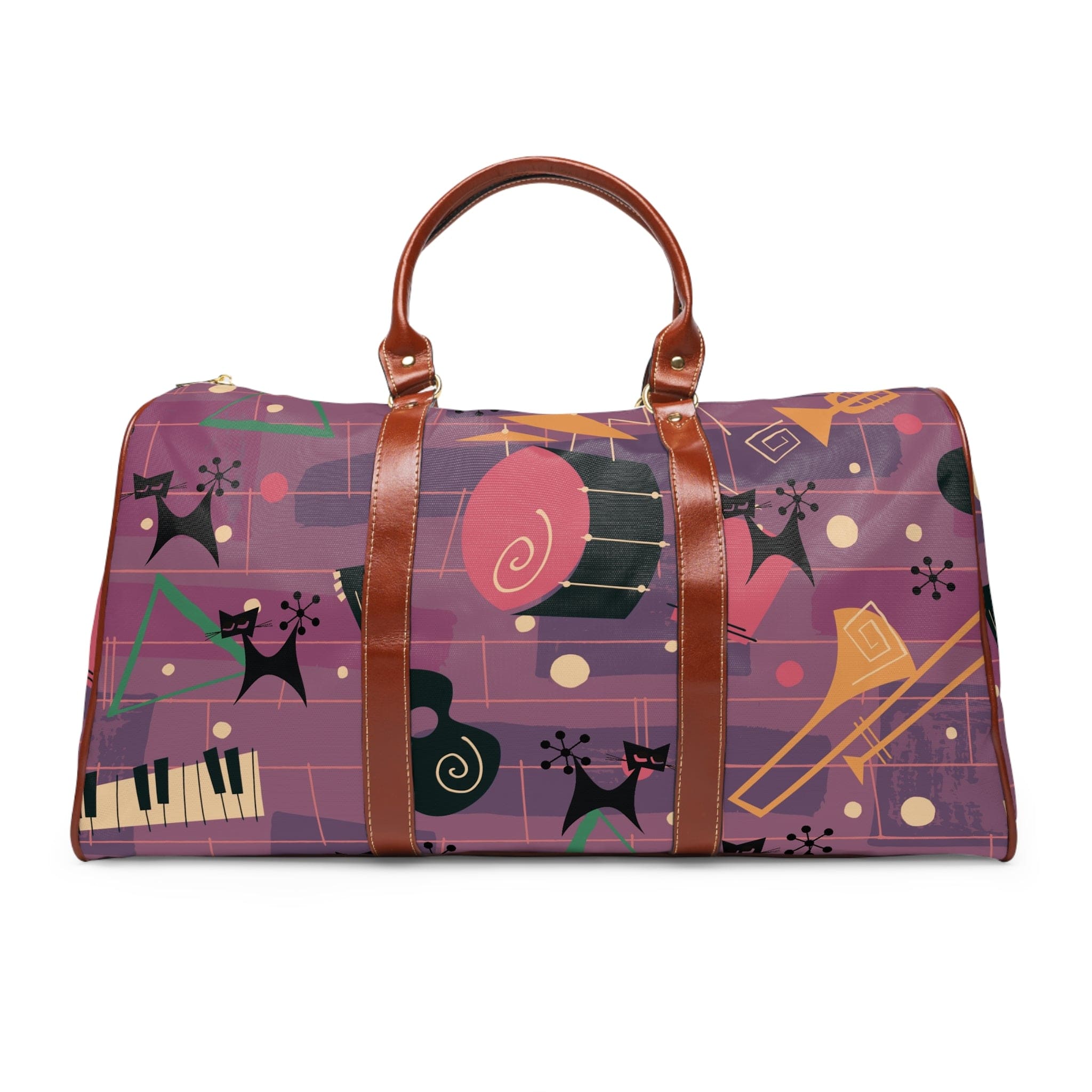 Atomic Jazzy Music Cats, Retro Mid Century Modern Purple Travel Bag Bags 20" x 12" / Brown