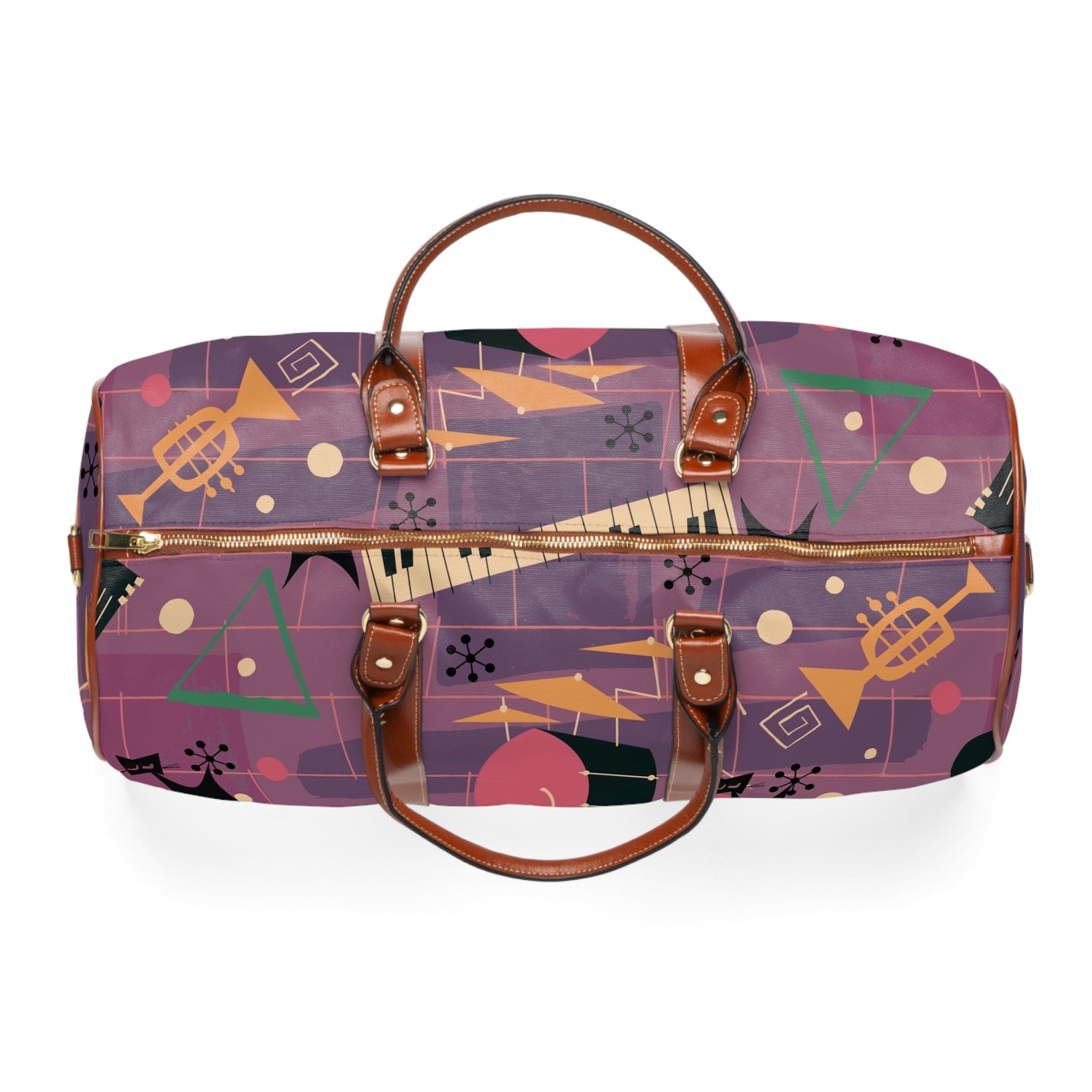 Atomic Jazzy Music Cats, Retro Mid Century Modern Purple Travel Bag Bags 20" x 12" / Brown