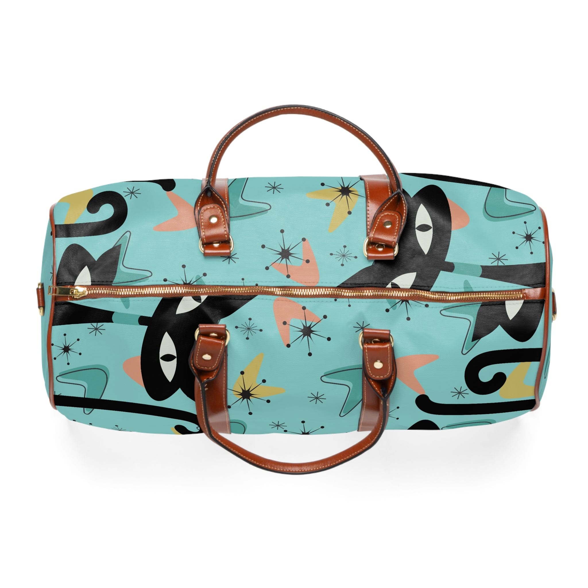 Atomic Kitschy Cats, Cat Lover, Mid Century Modern Luggage Waterproof Travel Bag Bags 20" x 12" / Brown