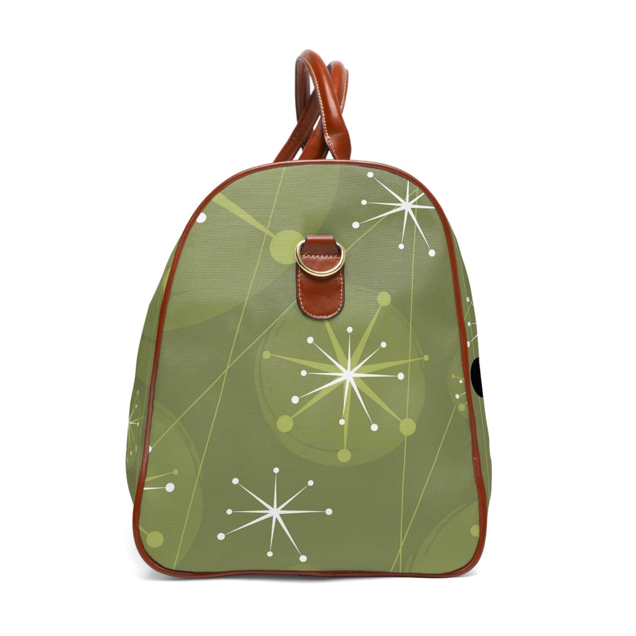 Atomic Starburst, Kitschy Atomic Cat, Green, Retro Mod Waterproof Travel Bag Bags 20" x 12" / Brown