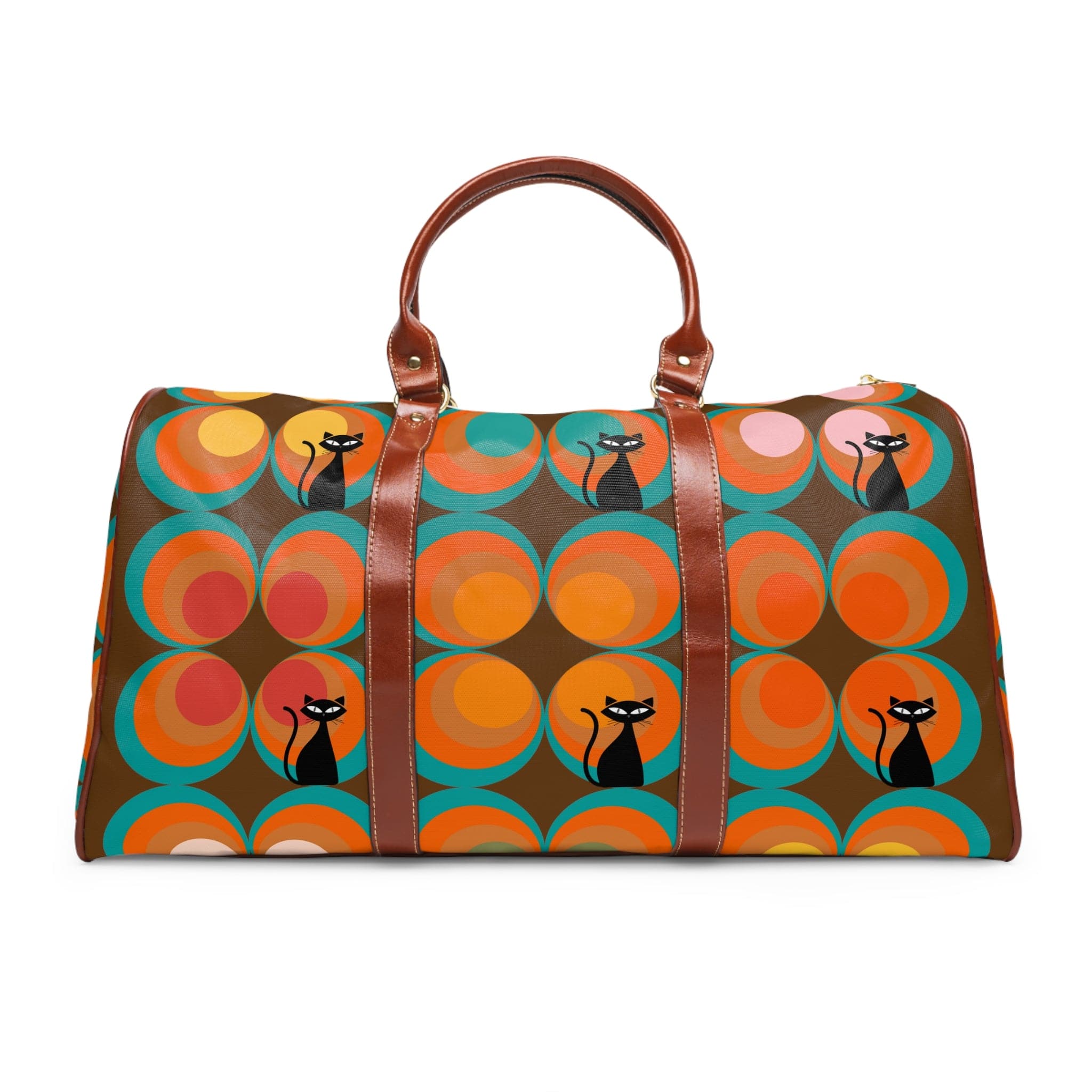 Mid Century Modern, Brown, Groovy Peacock Eye, Atomic Kitties, Fyn Waterproof Travel Bag Bags 20" x 12" / Brown