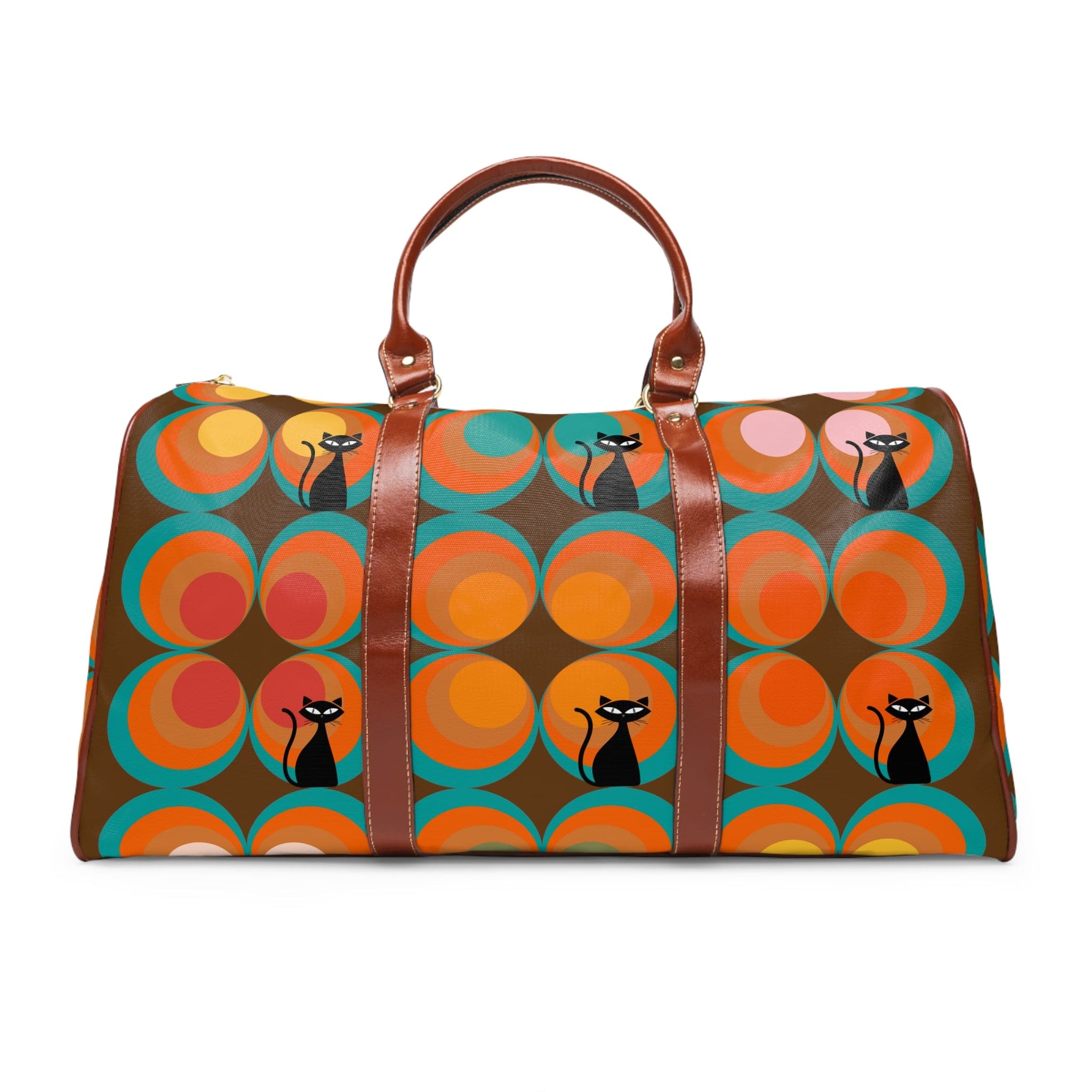 Mid Century Modern, Brown, Groovy Peacock Eye, Atomic Kitties, Fyn Waterproof Travel Bag Bags 20" x 12" / Brown