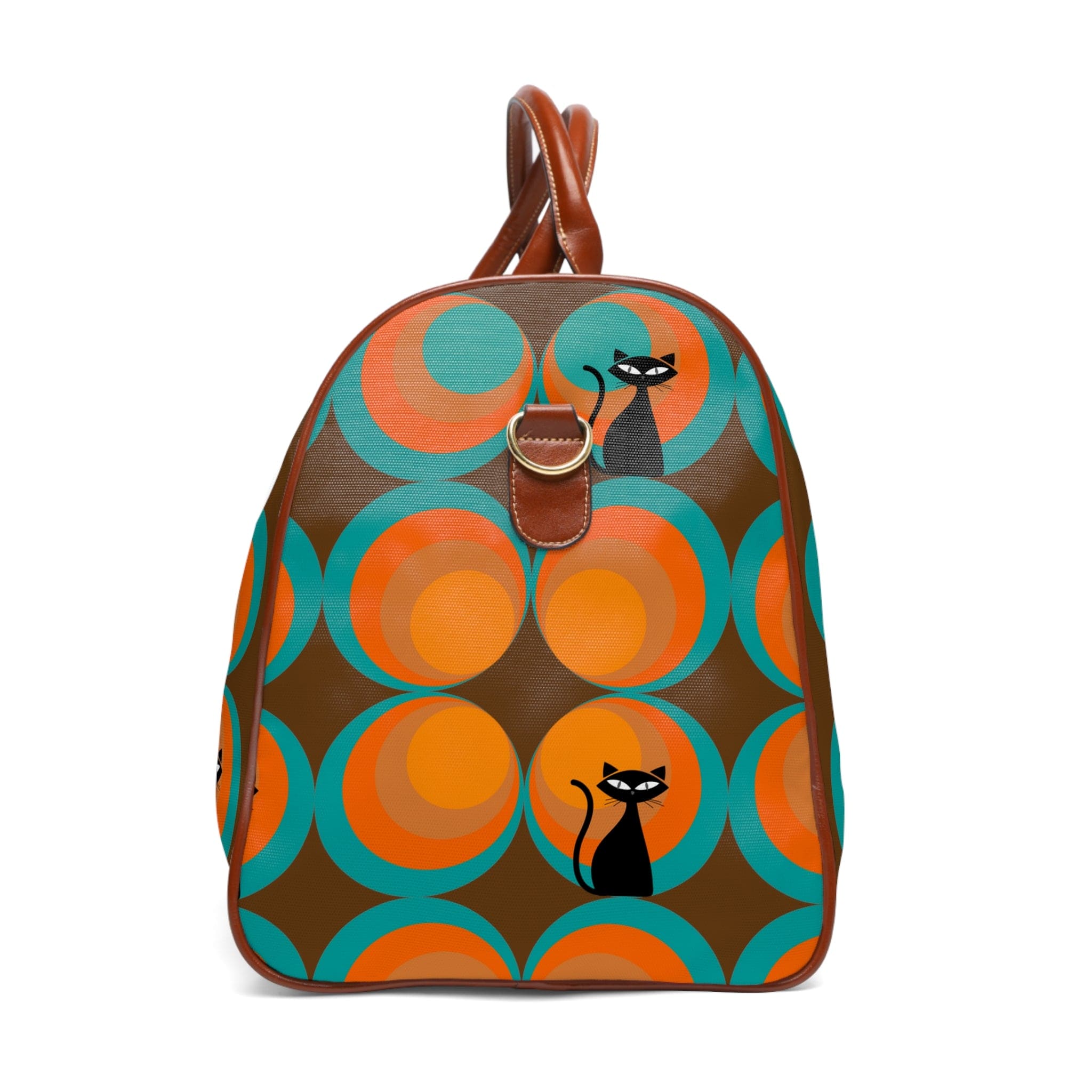 Mid Century Modern, Brown, Groovy Peacock Eye, Atomic Kitties, Fyn Waterproof Travel Bag Bags 20" x 12" / Brown