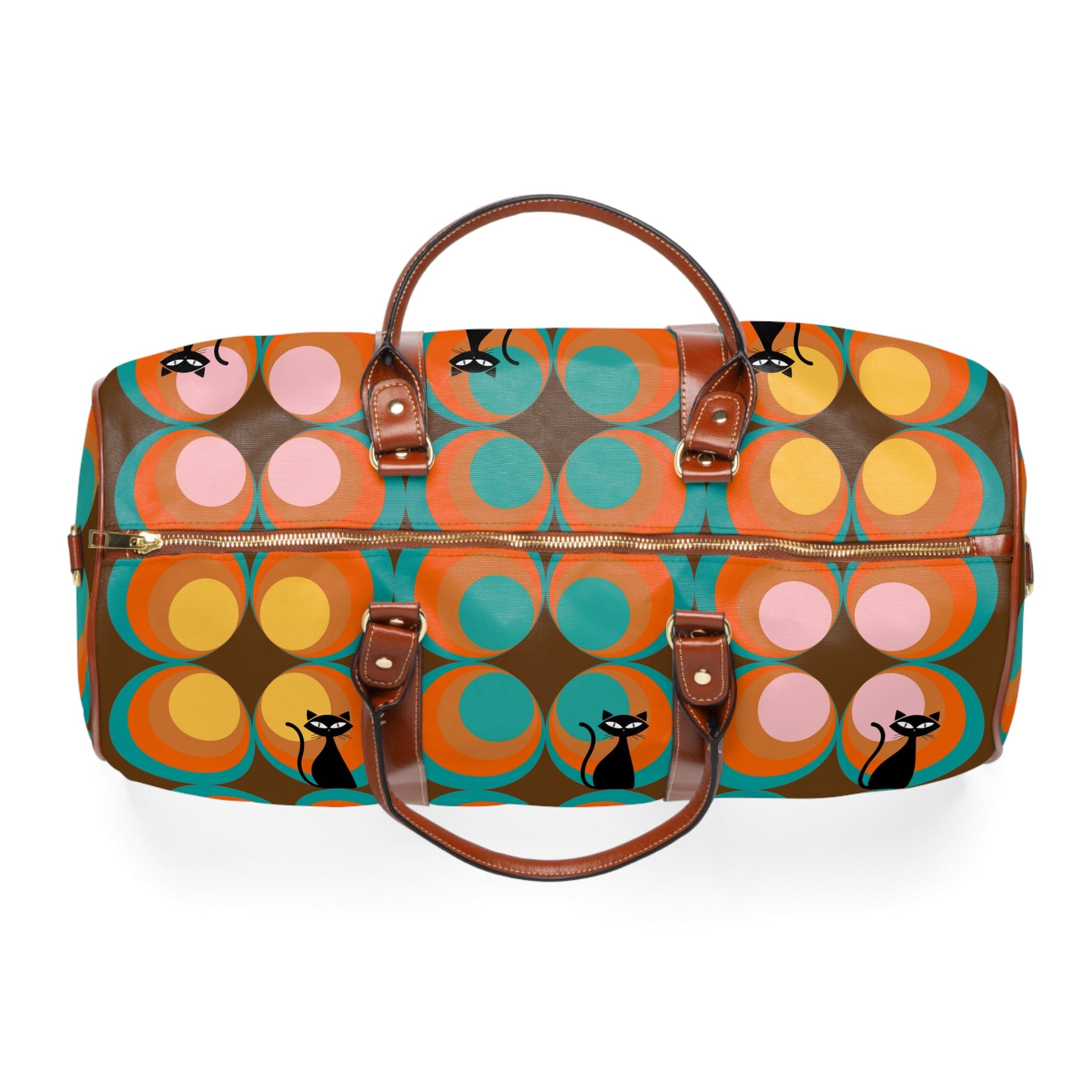 Mid Century Modern, Brown, Groovy Peacock Eye, Atomic Kitties, Fyn Waterproof Travel Bag Bags 20" x 12" / Brown