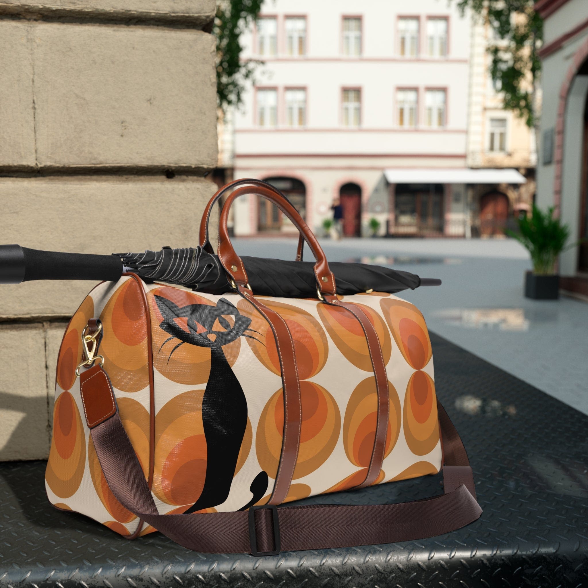 Mid Century Modern Travel Bag, Retro Orbs, Groovy Atomic Cat Waterproof Travel Bag Bags 20" x 12" / Brown