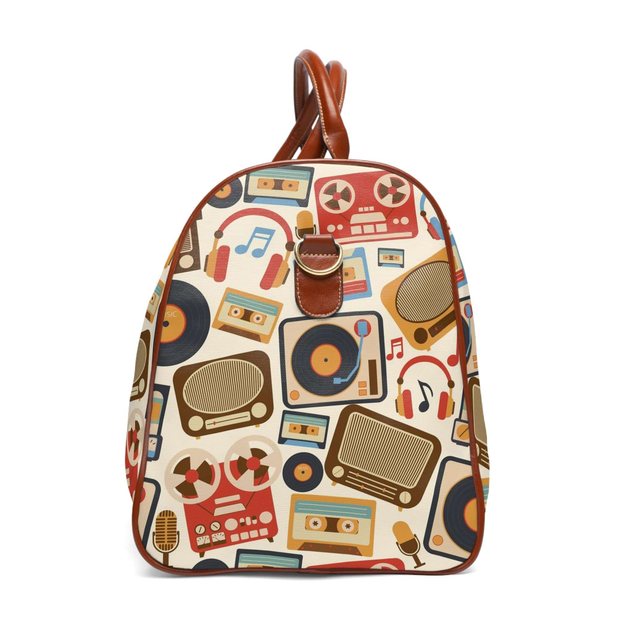 Retro Music Lover, Groovy Album, Casette, Film Old Timey Waterproof Travel Bag Bags 20" x 12" / Brown