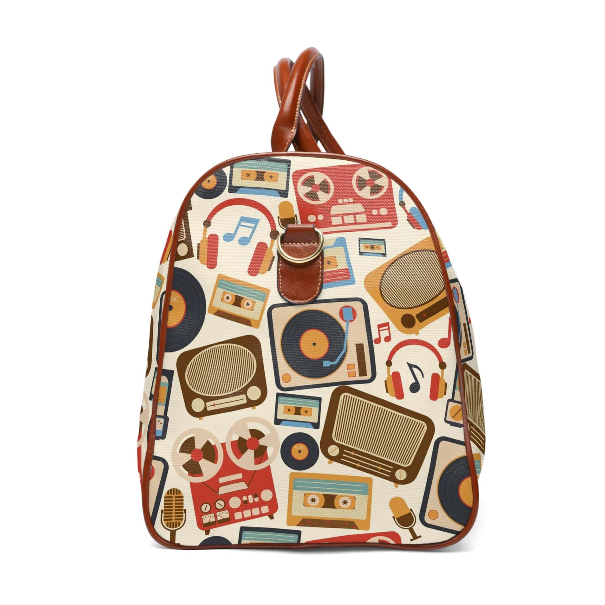 Retro Music Lover, Groovy Album, Casette, Film Old Timey Waterproof Travel Bag Bags 20" x 12" / Brown