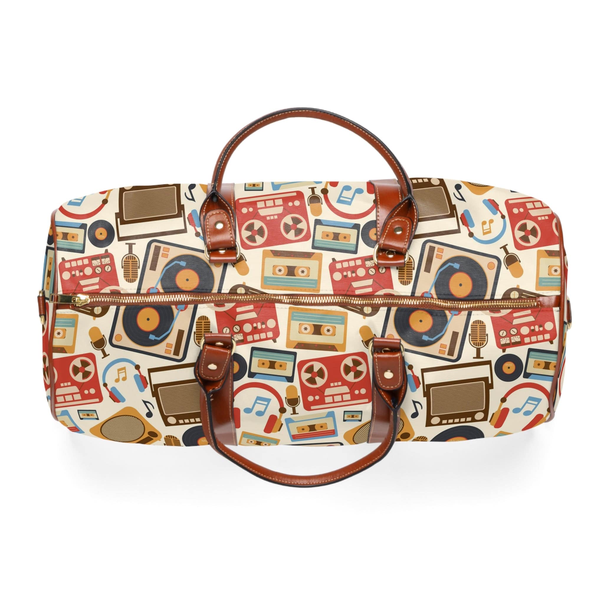 Retro Music Lover, Groovy Album, Casette, Film Old Timey Waterproof Travel Bag Bags 20" x 12" / Brown