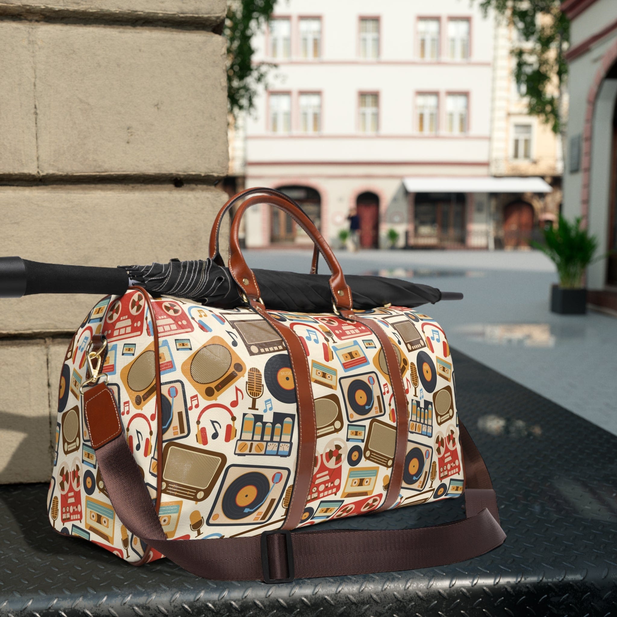 Retro Music Lover, Groovy Album, Casette, Film Old Timey Waterproof Travel Bag Bags 20" x 12" / Brown