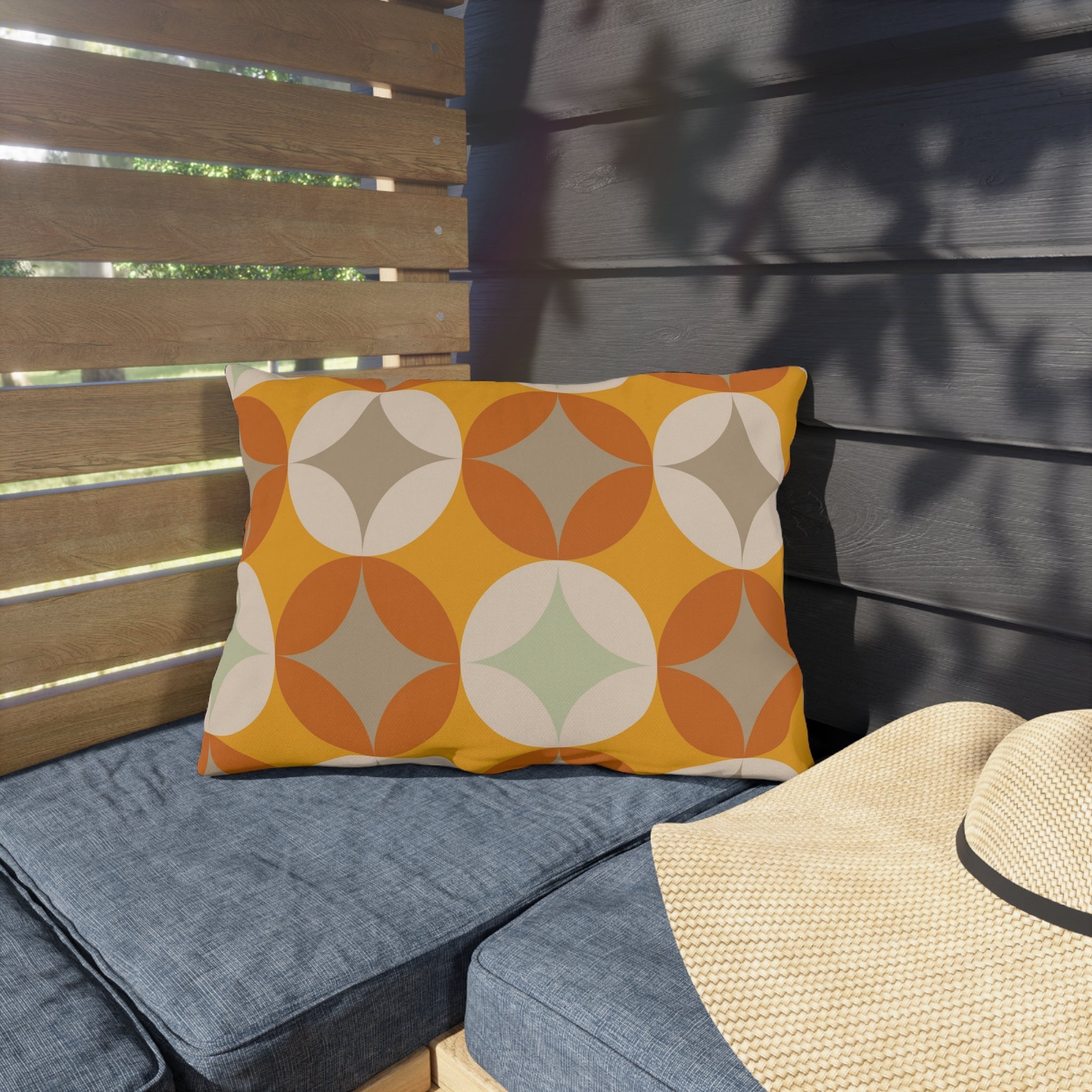 Mid Century Modern Outdoor Pillows, Mustard Yellow, Cream, Light Gray Starburst Pillow Home Decor 20" × 14"