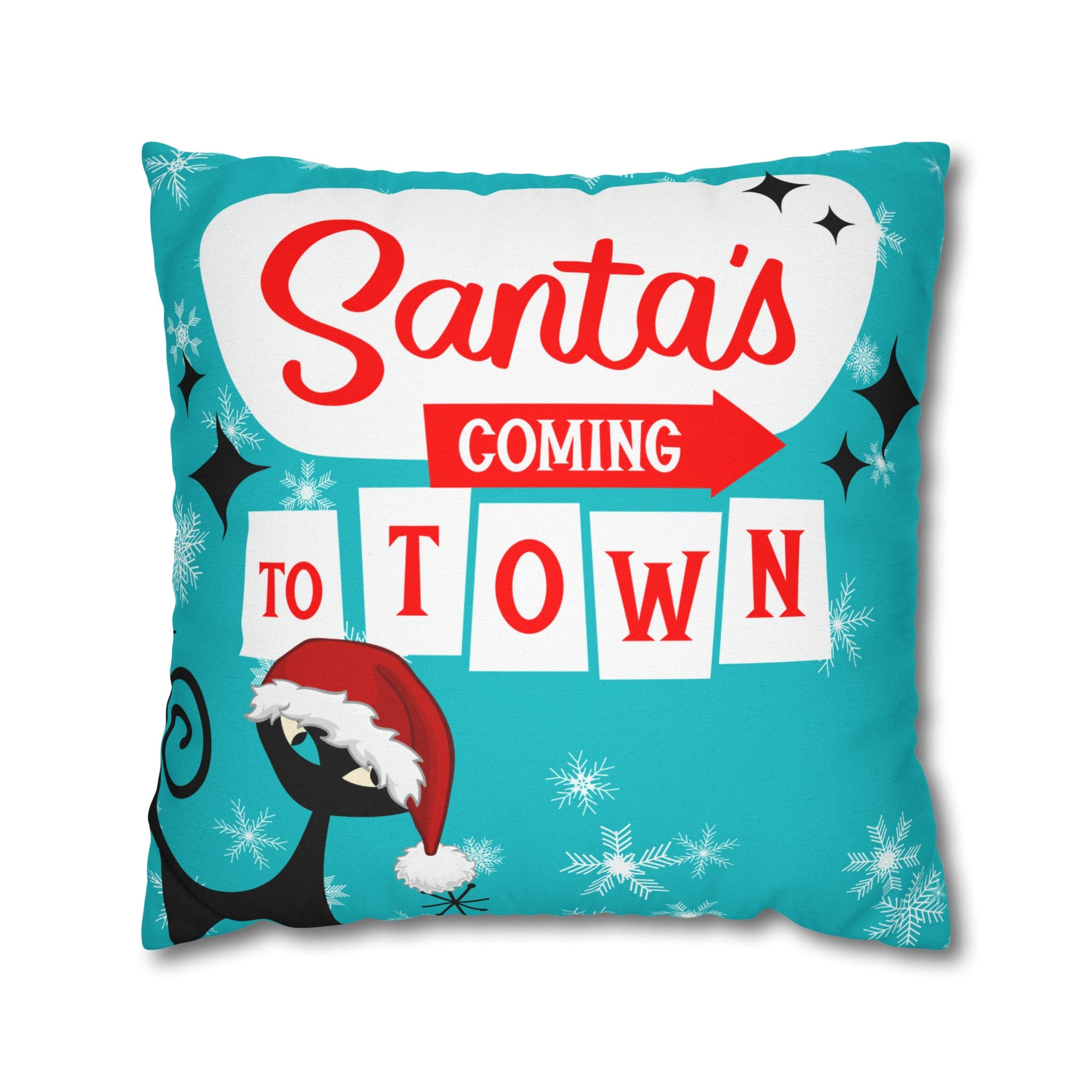 Mid Century Modern Chrismas Pillow Cover, Atomic Kitschy Cat, Snowflakes Pillow Cover, Aqua Blue Holiday MCM Pillow Case Cusion Covers Home Decor 20" × 20"