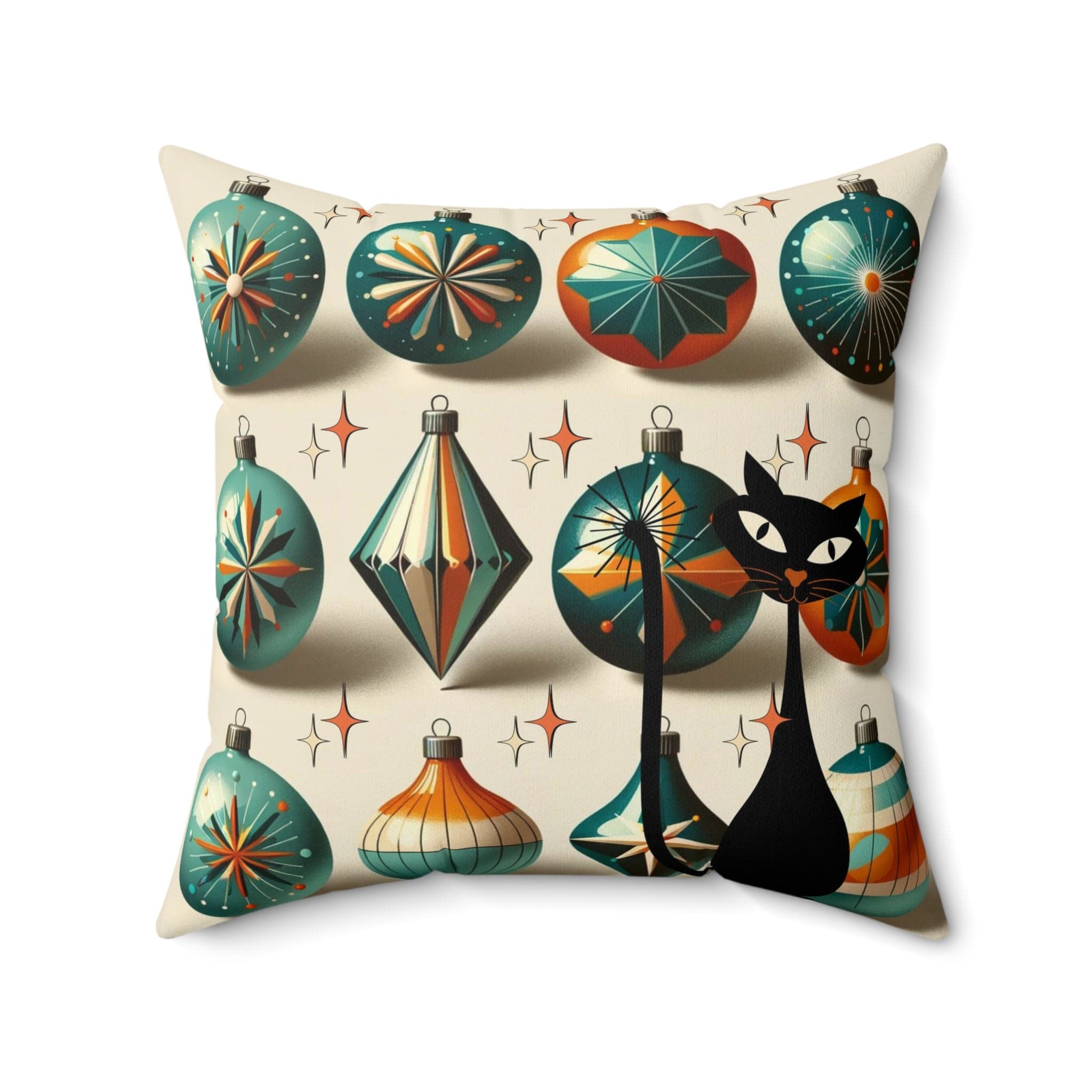 Mid Century Modern Shiny Brite, Atomic Cat, Retro Green, Orange, Retro Mod Pillow And Insert Home Decor 20" × 20"