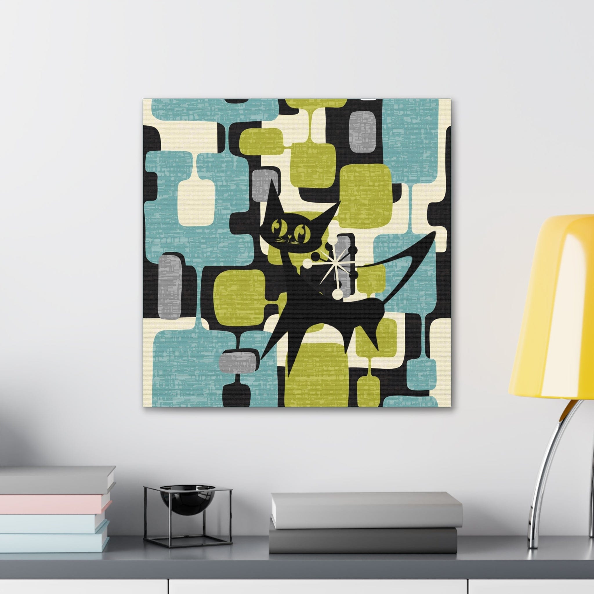 Atomic Cat, Mid Century Modern Wall Art, Geometric, Gray, Teal, Green, Beige MCM Canvas Art Canvas 20″ x 20″ / Premium Gallery Wraps (1.25″)