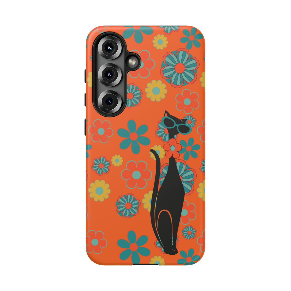 Flower Power, Retro Groovy Atomic Cat, Hipster Style Orange Samsung Galaxy and Google Pixel Tough Cases