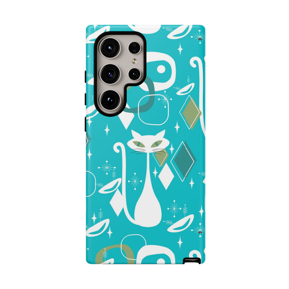 Atomic Cat Space Designs, Mid Century Modern, Aqua, White Kitschy Cat Tough Phone Case