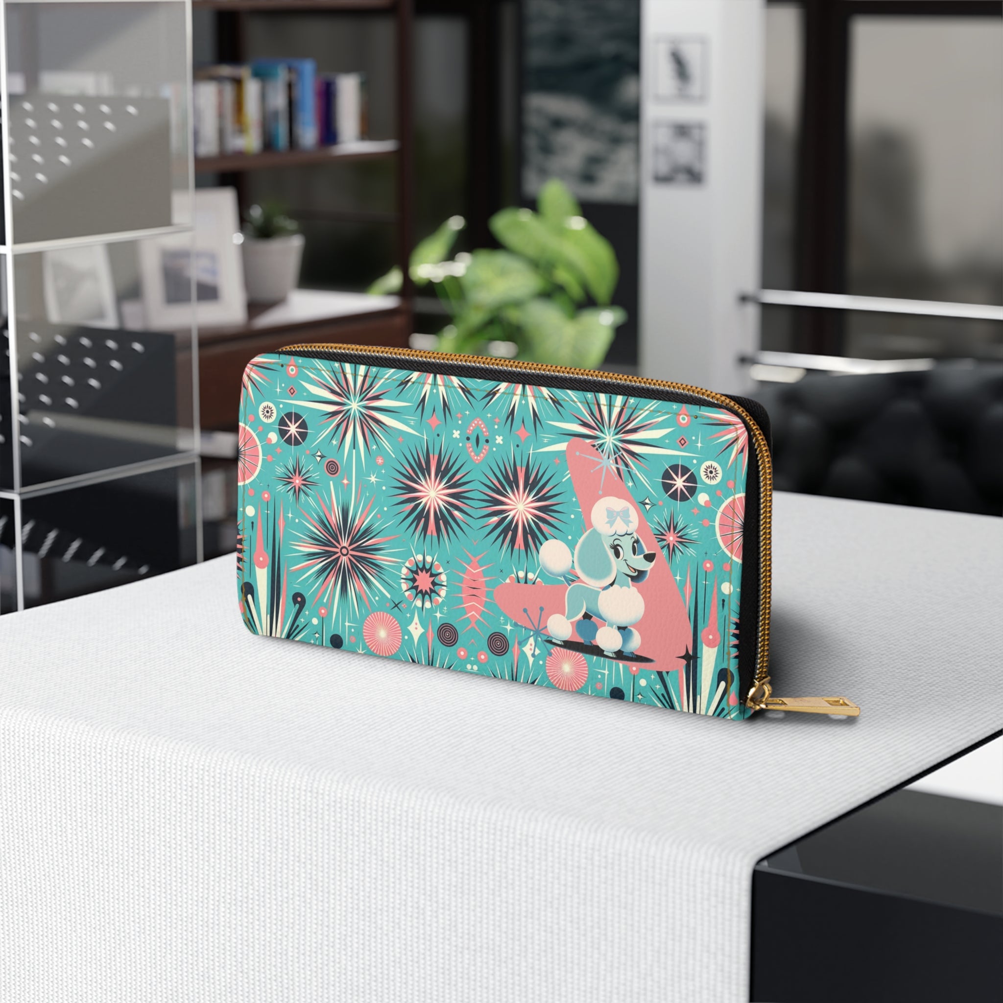 1950s Atomic Pink, Aqua Poodle Zipper Wallet - Mid Century Modern Gal