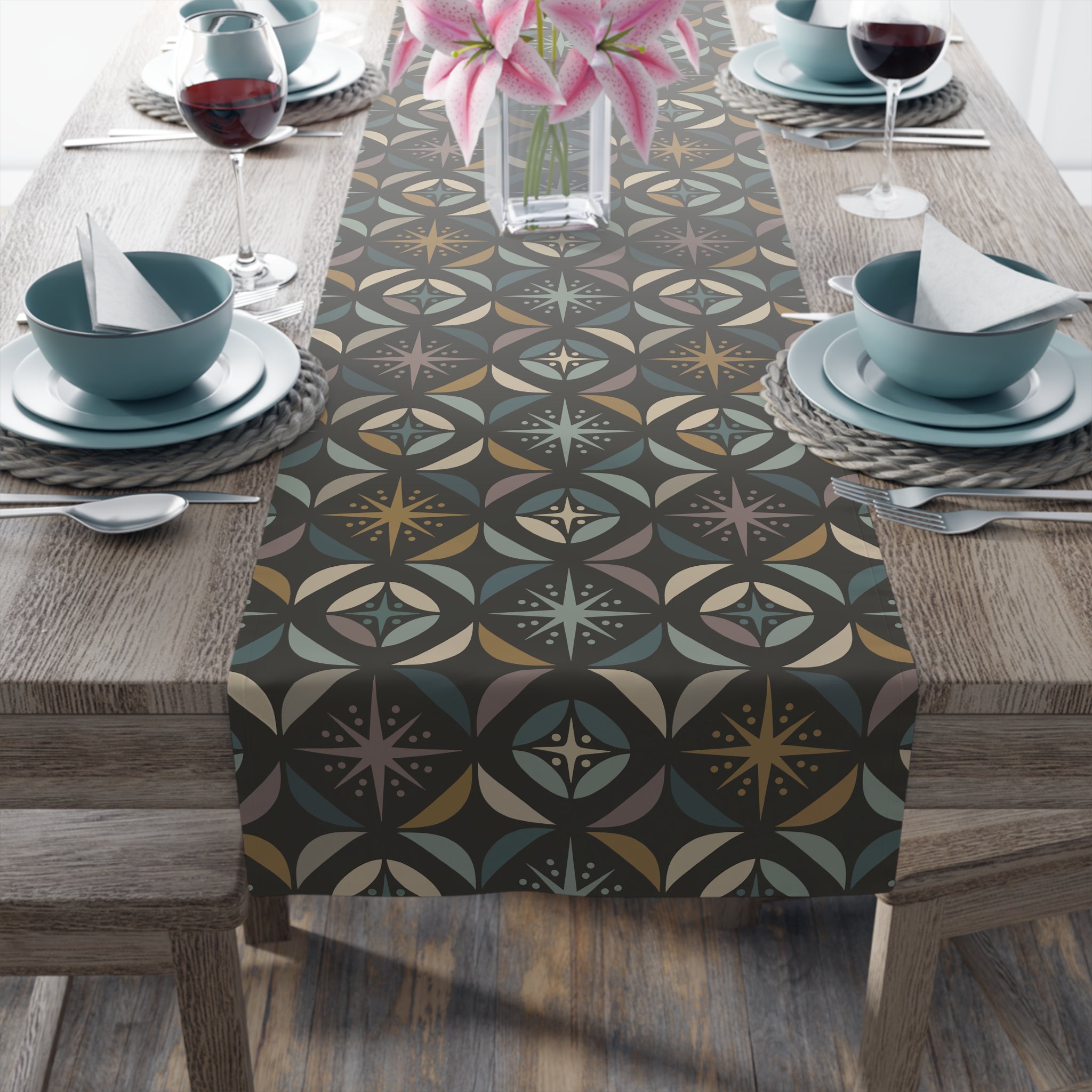 Mid Century Modern Elegant Gray Geometric Starburst Table Runner - Mid Century Modern Gal