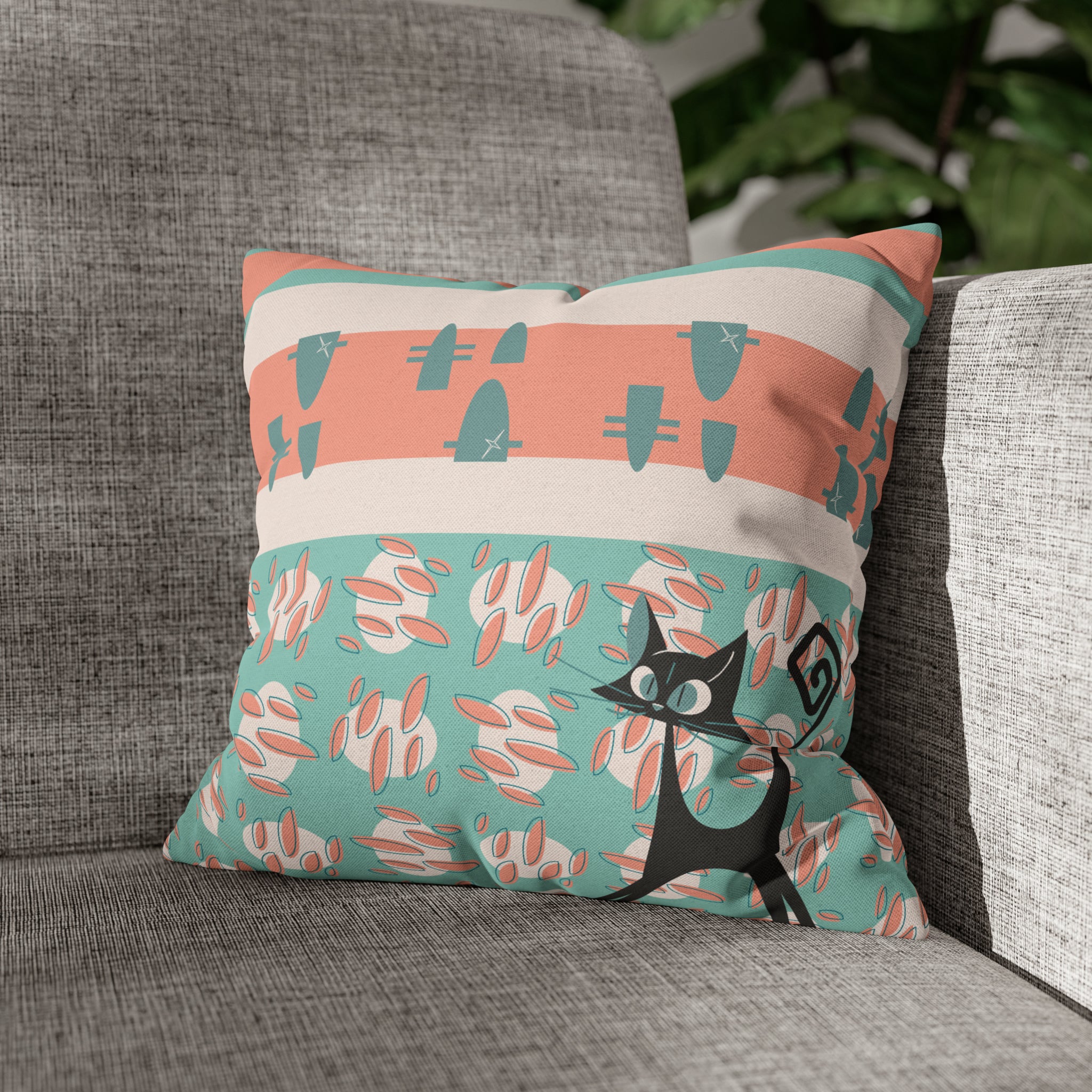 50s Nostalgic Atomic Cat Mid Century Modern Aqua, Coral Pink Peach, Kitschy Mid Century Modern Pillow Cover ONLY - Mid Century Modern Gal