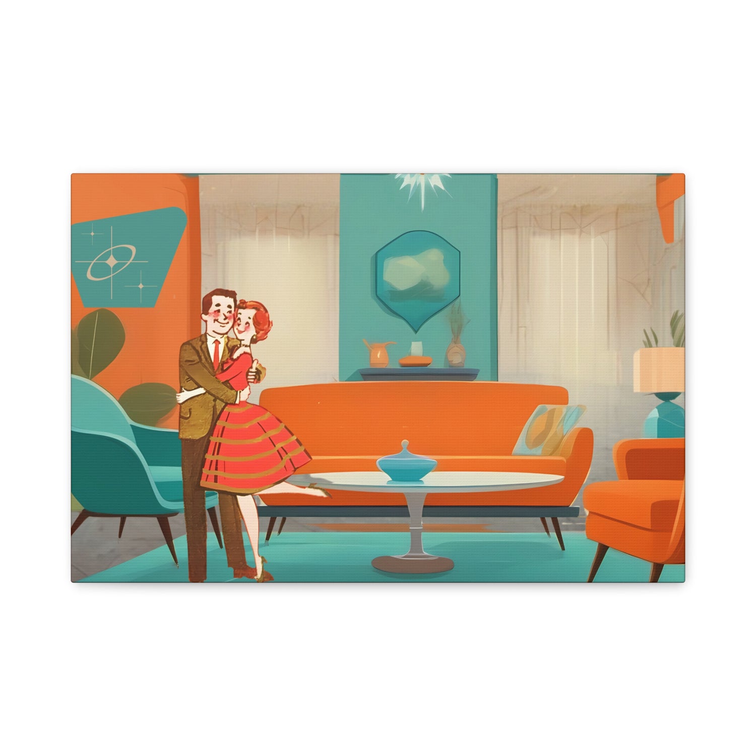 Mid Century Modern Wall Art, 50s Couple, Orange Teal, Mod Retro Wall Art - Mid Century Modern Gal