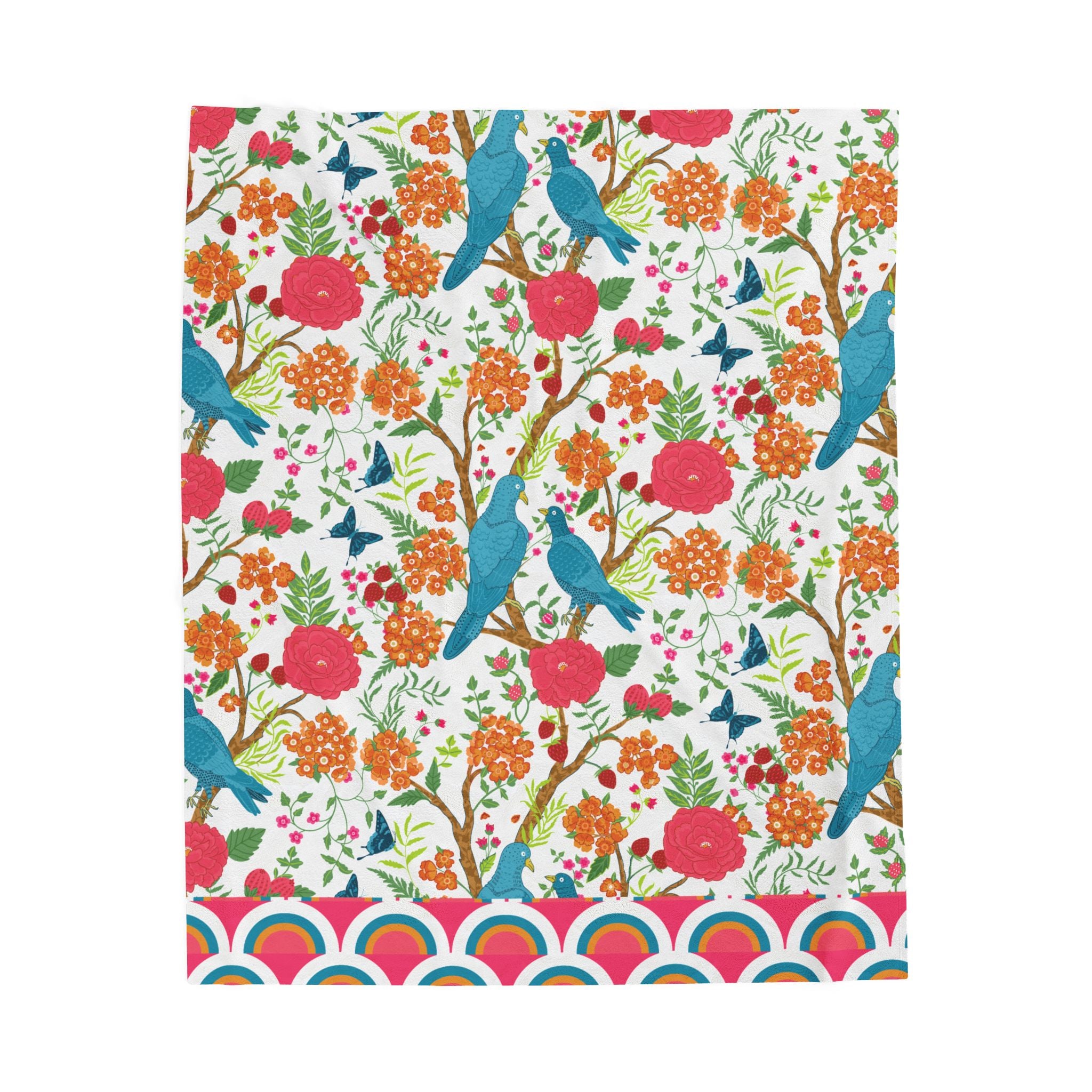 Chinoiserie Throw Blanket, Blue Pink, Birds Tropical Floral Velveteen Plush Blanket - Cozy Decor for Home - Mid Century Modern Gal