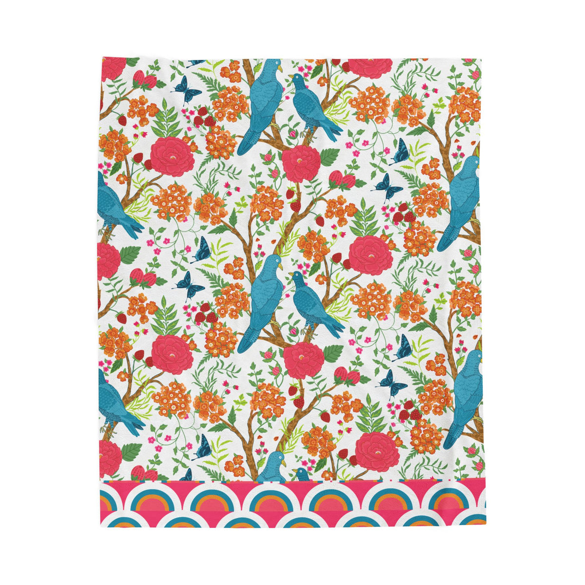 Chinoiserie Throw Blanket, Blue Pink, Birds Tropical Floral Velveteen Plush Blanket - Cozy Decor for Home - Mid Century Modern Gal