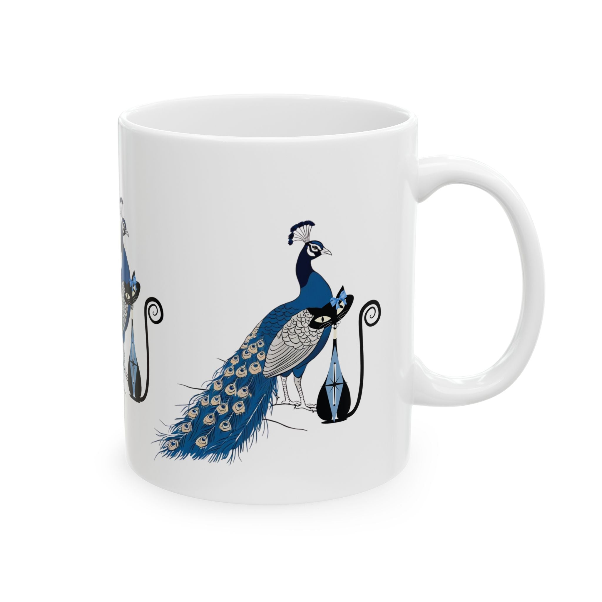 Atomic Cat Mug Blue Chinoiserie Peacock MCM Black Cat Mug Vintage Inspired Gift Elegant Peacock Ceramic Mug - Mid Century Modern Gal