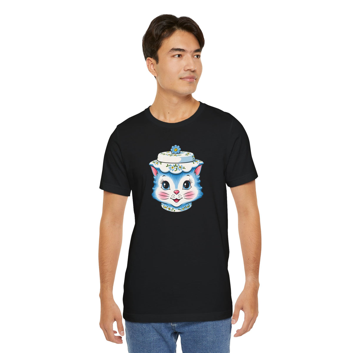 Mid Century Modern Kitschy Anthropomorphic Blue Cat with Floral Hat Unisex T-Shirt