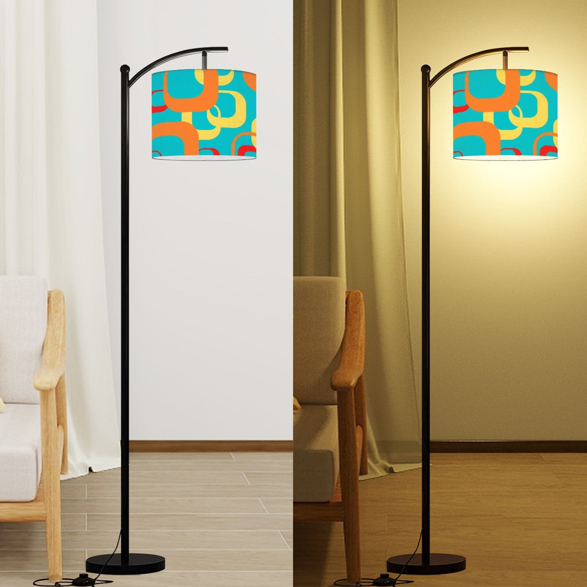 Mid Century Modern Aqua Blue, Orange Yellow, Geometric Designed Arc Floor Lamp - Mid Century Modern Gal