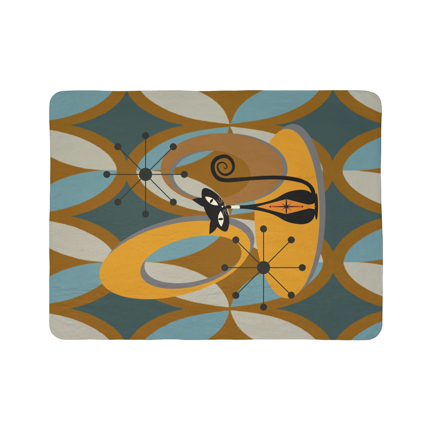 Mid Century Modern Atomic Cat, Retro Diamond Fleece Sherpa Blanket - Mid Century Modern Gal