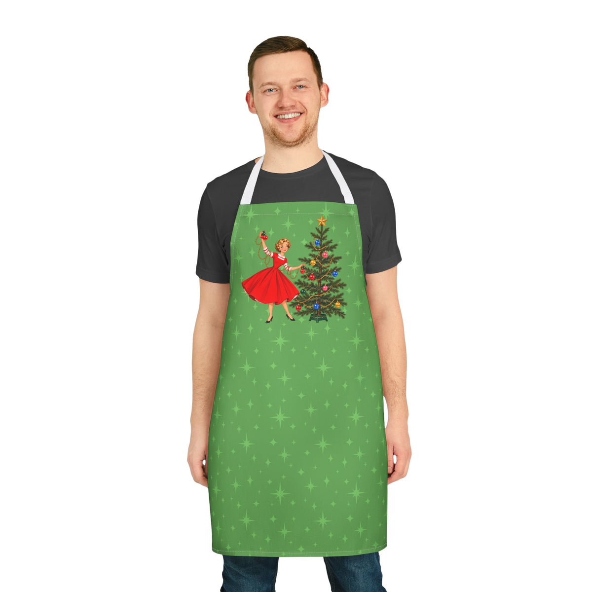 Mid Century Modern Gal Decorating Christmas Tree, Green Atomic Starbursts Apron