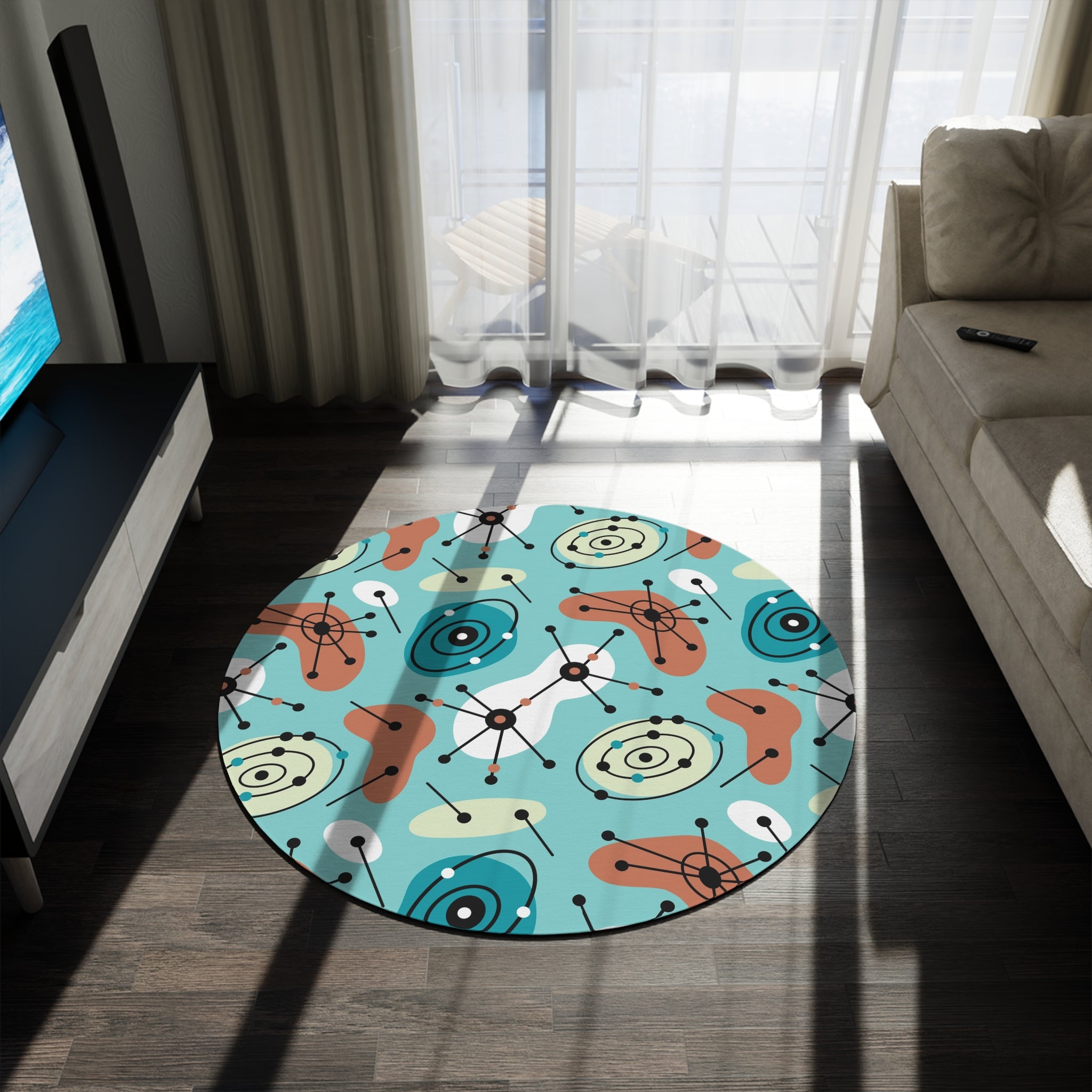Mid Century Modern Geometric Aqua Blue Amoeba MCM Round Rug - Mid Century Modern Gal
