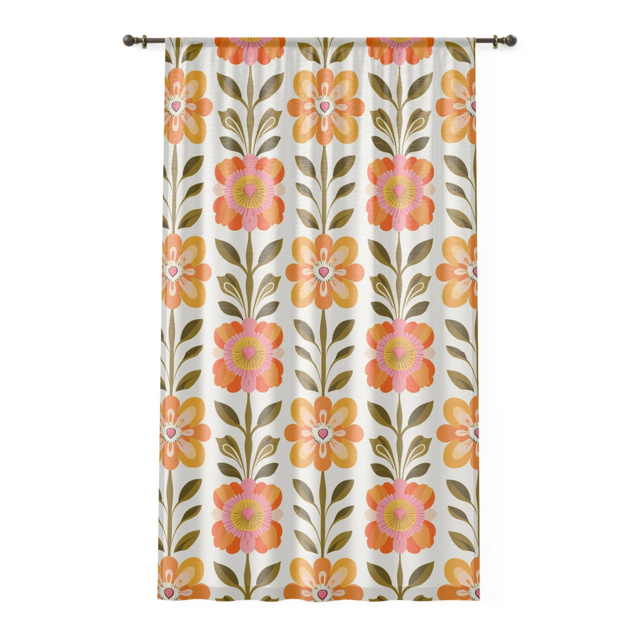 Mid Century Modern Scandinavian Modern Danish Yellow, Orange Green Botanical Garden Floral Sheer Window Curtain - Mid Century Modern Gal
