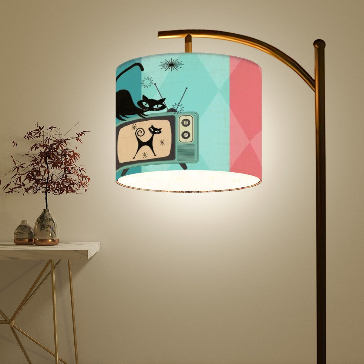 Atomic Cat Mid Century Modern Floor Lamp, Kitsch Pink, Aqua Teal Mod Arc Lighting - Mid Century Modern Gal