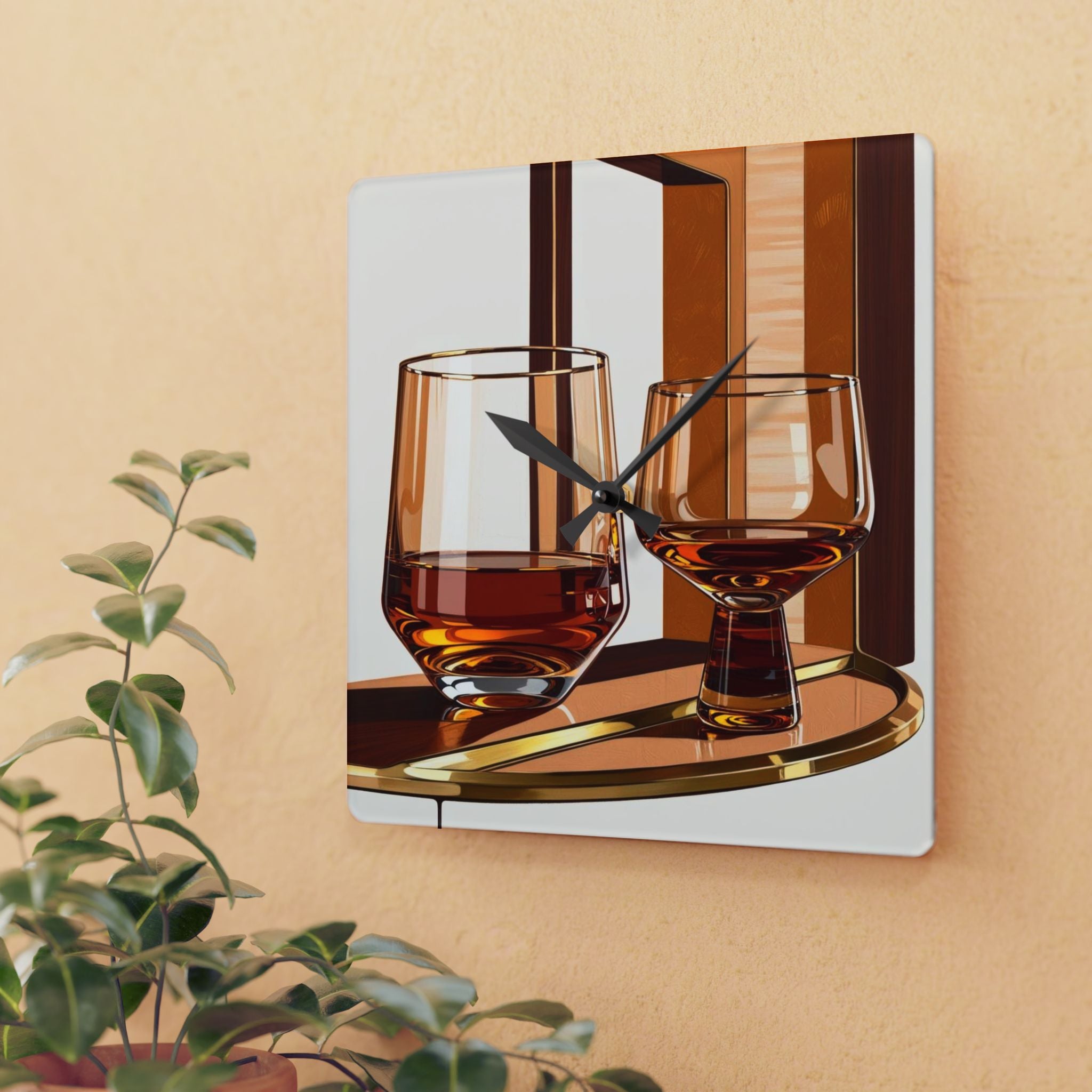 Bourbon Whiskey Glasses Art Mid Century Modern Barware Acrylic Wall Clock - Stylish Home Décor - Mid Century Modern Gal