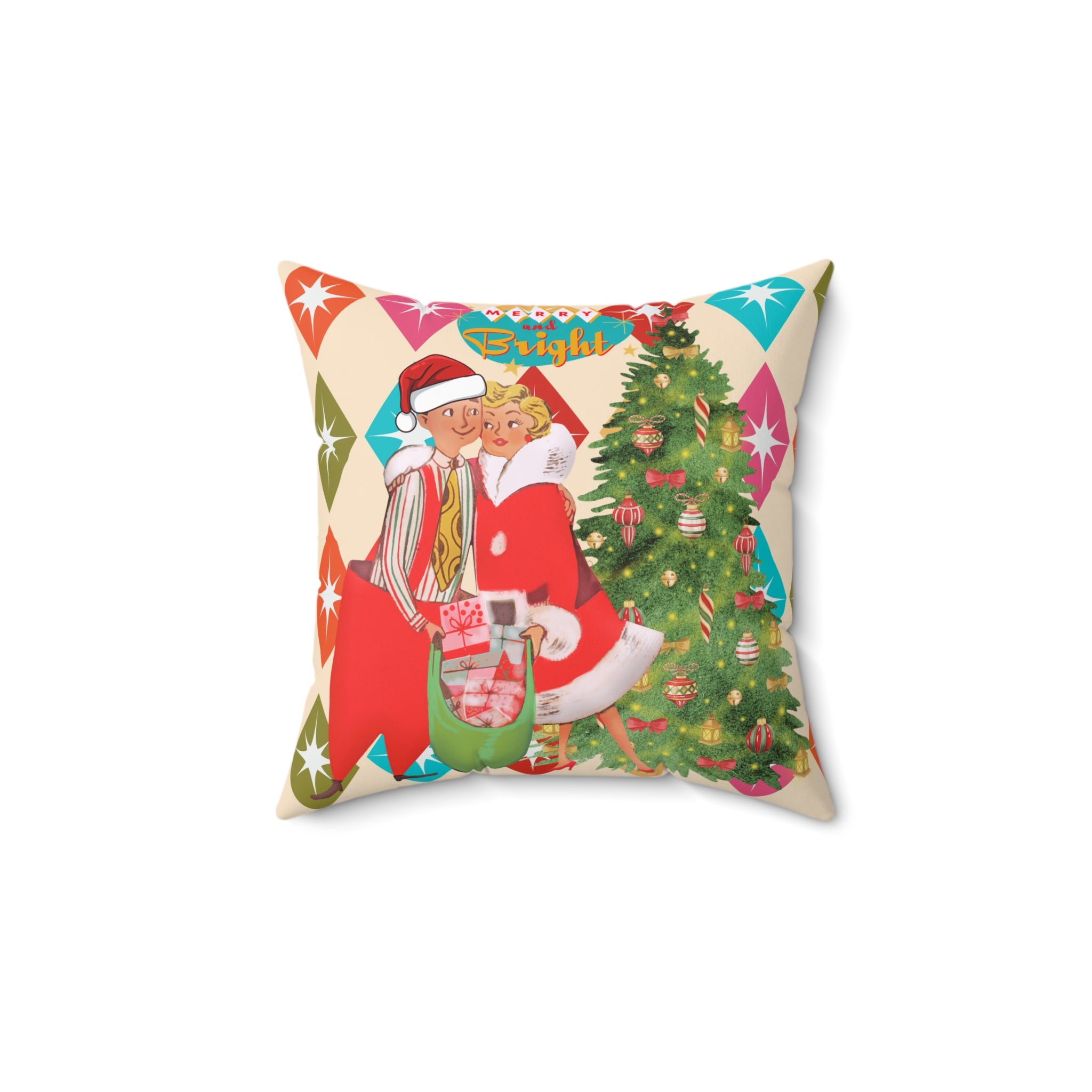 Vintage Christmas Square Pillow – Bright Holiday Decor - Mid Century Modern Gal