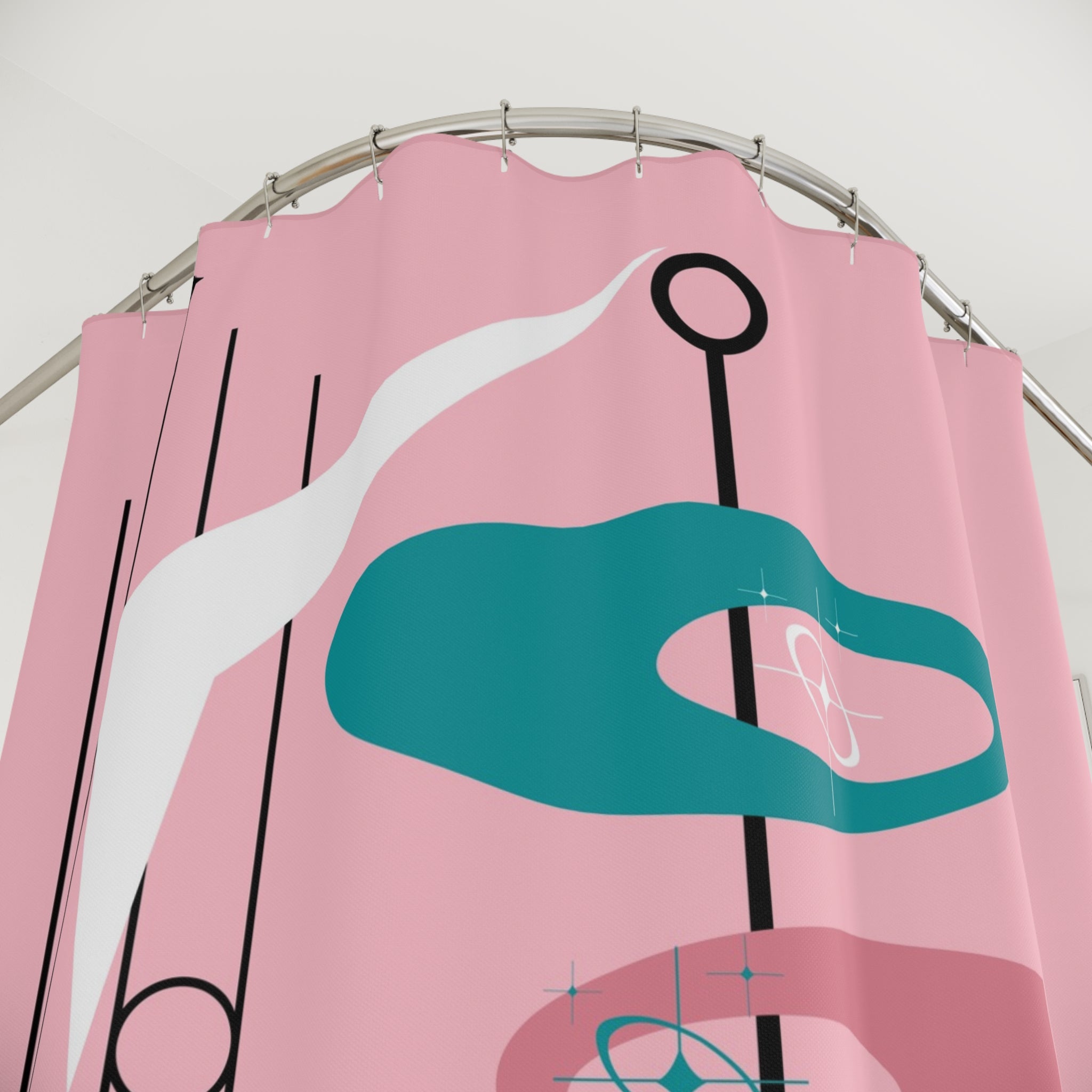 Mid-Century Modern Atomic Pink, Teal, White Retro Shower Curtain - Retro Pink & Teal Design - Mid Century Modern Gal