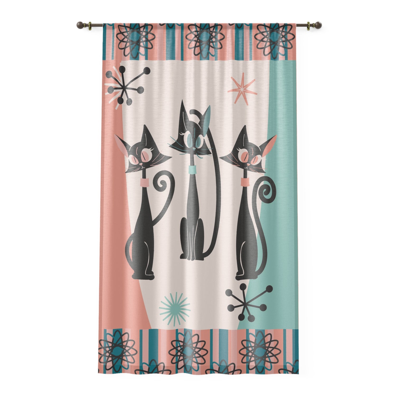 Atomic Kittie Cats, Mid Century Modern Aqua Blue, Pink,  Space Atom Kitschy Quirky Fun Designed Sheer Window Curtain - Mid Century Modern Gal