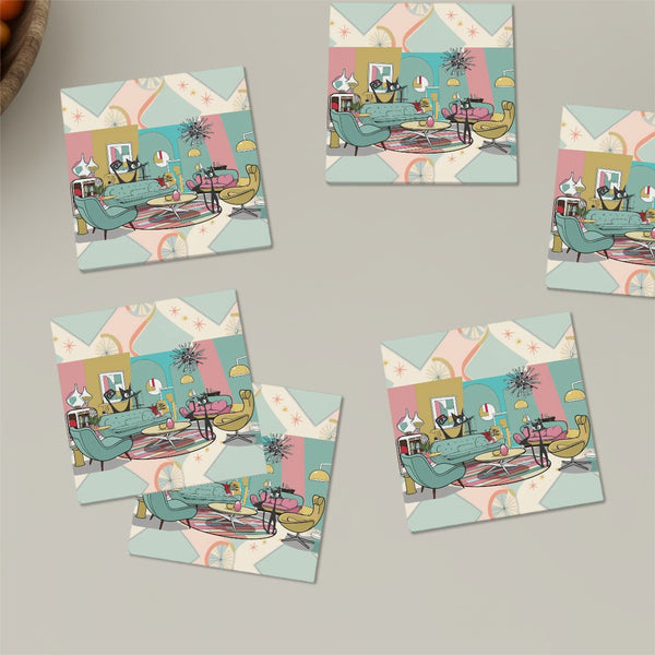 Atomic Cat, Mid Century Modern Quirky Kitschy Cats Square Ceramic Coasters Set of 6