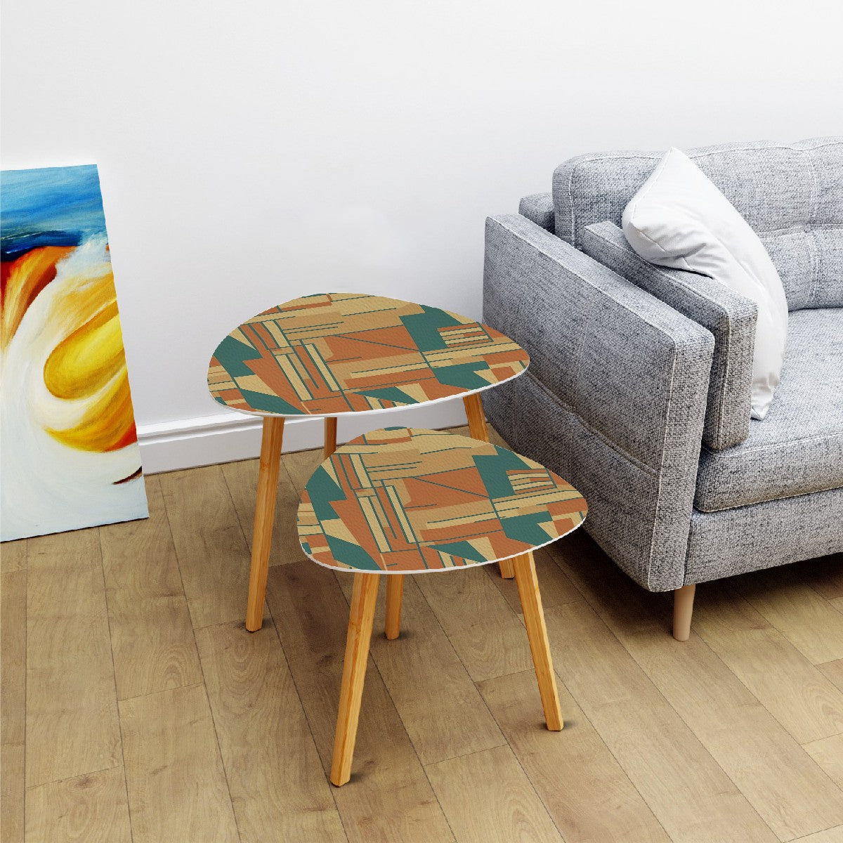 Mid Century Modern Geometric Bauhaus Designed Brown Teal Mod Cocktail Side Tables - Mid Century Modern Gal