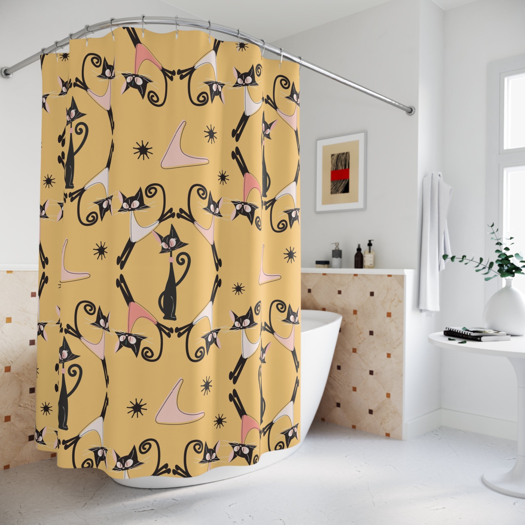 Atomic Cat Shower Curtain, Cat Mom Gifts, Black Cat Lover, Mid Century Modern Atomic Boomerangs, Mustard Yellow, MCM Bath Decor - Mid Century Modern Gal
