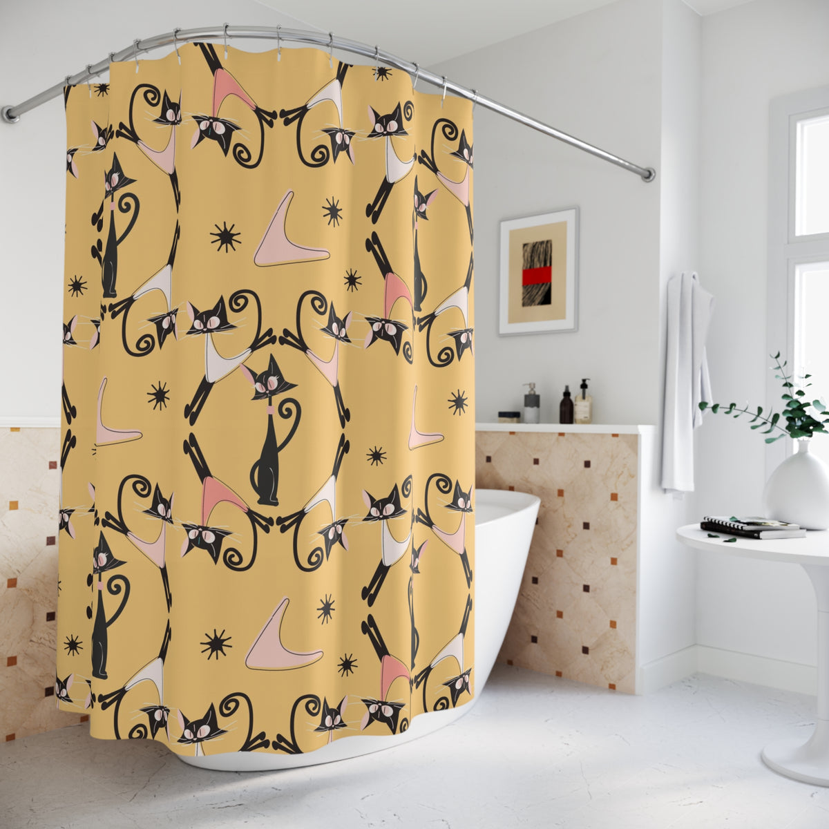 Atomic Cat Shower Curtain, Cat Mom Gifts, Black Cat Lover, Mid Century Modern Atomic Boomerangs, Mustard Yellow, MCM Bath Decor - Mid Century Modern Gal