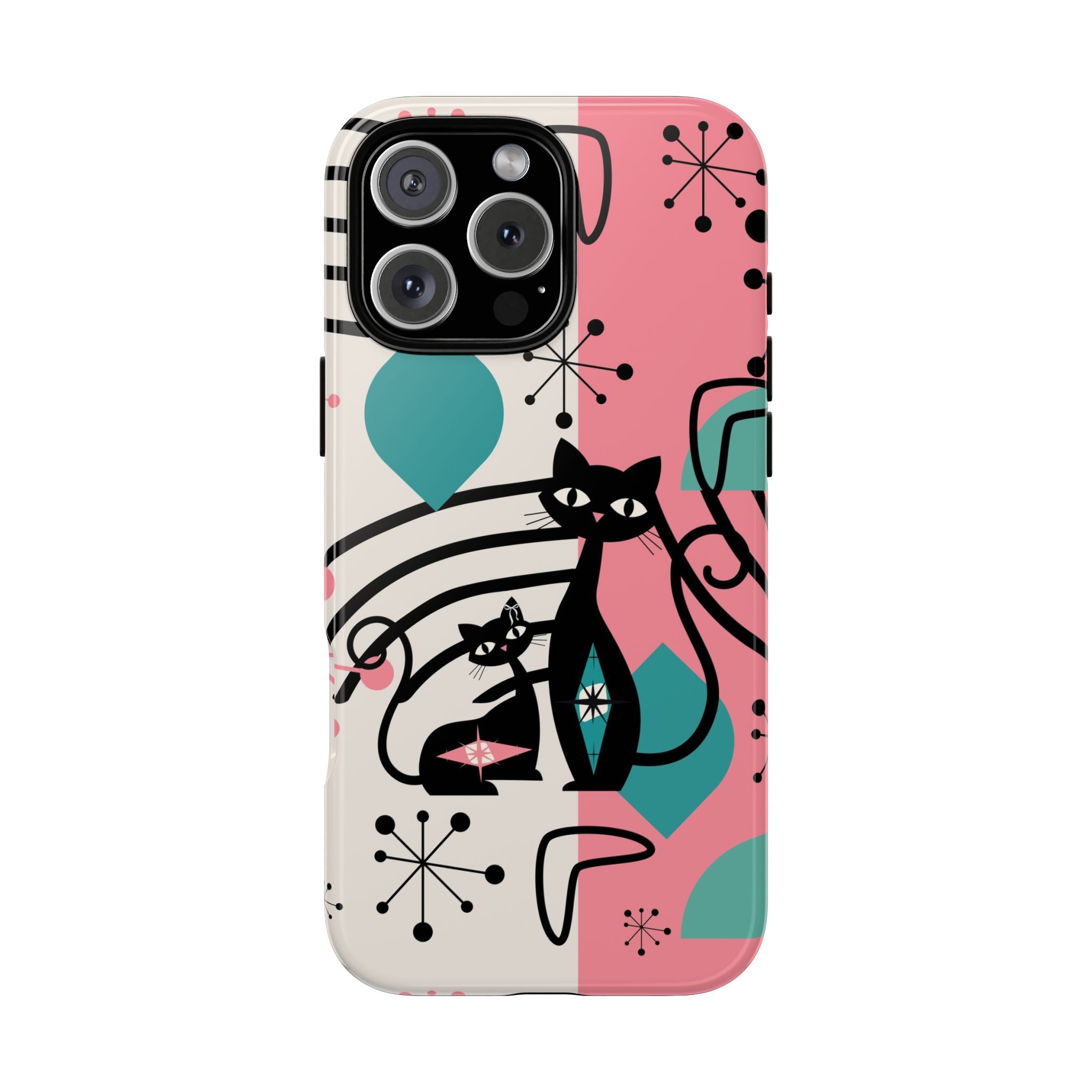 Mid Mod Atomic Cat Boomerang Starburst, Pink, Black Kitschy Stylish Cat Phone Case: Modern Design for Cat Lovers