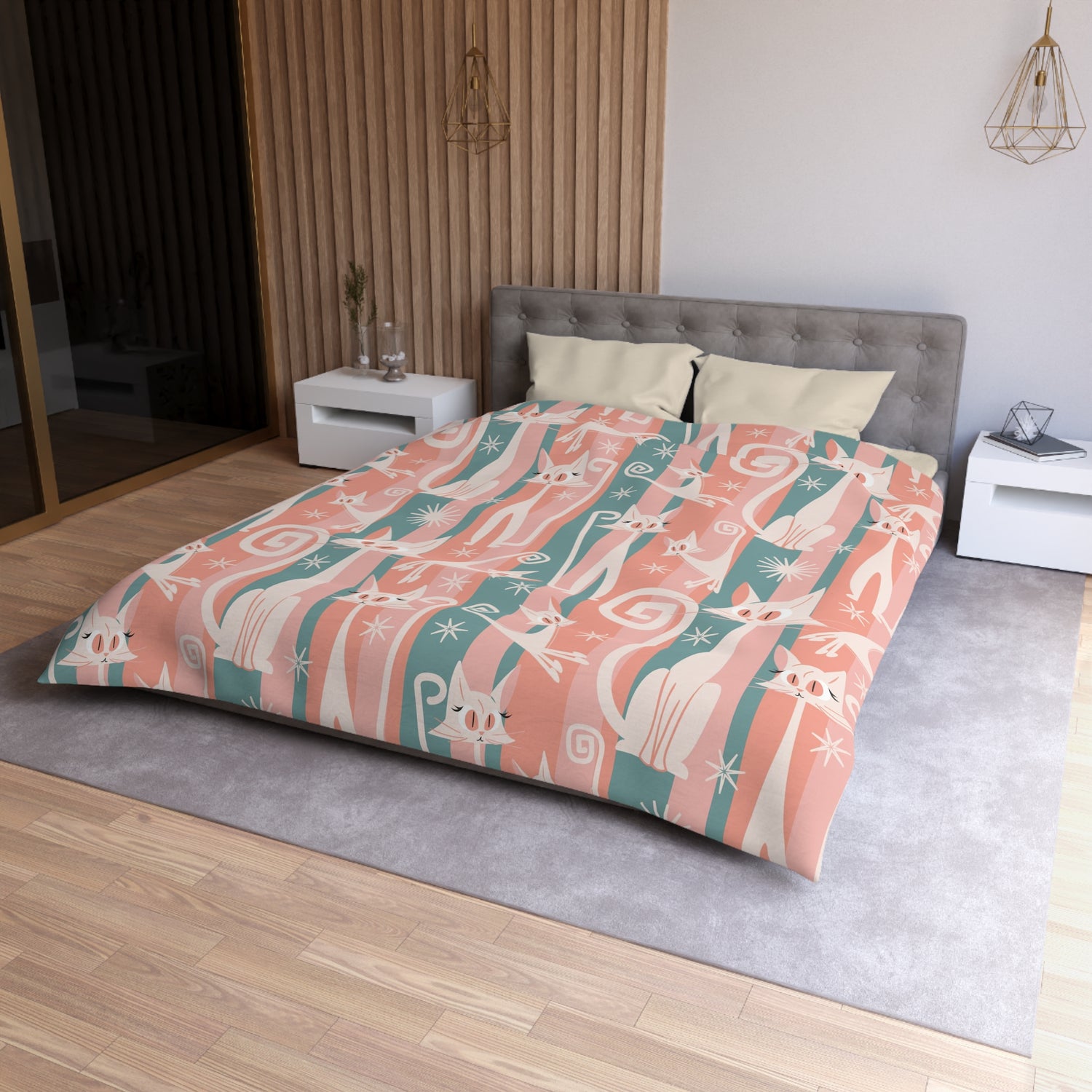 Atomic Cat Bedding, Pink, Aqua Kitschy White Kitties, Mid Century Modern Fun Quirky Duvet - Mid Century Modern Gal