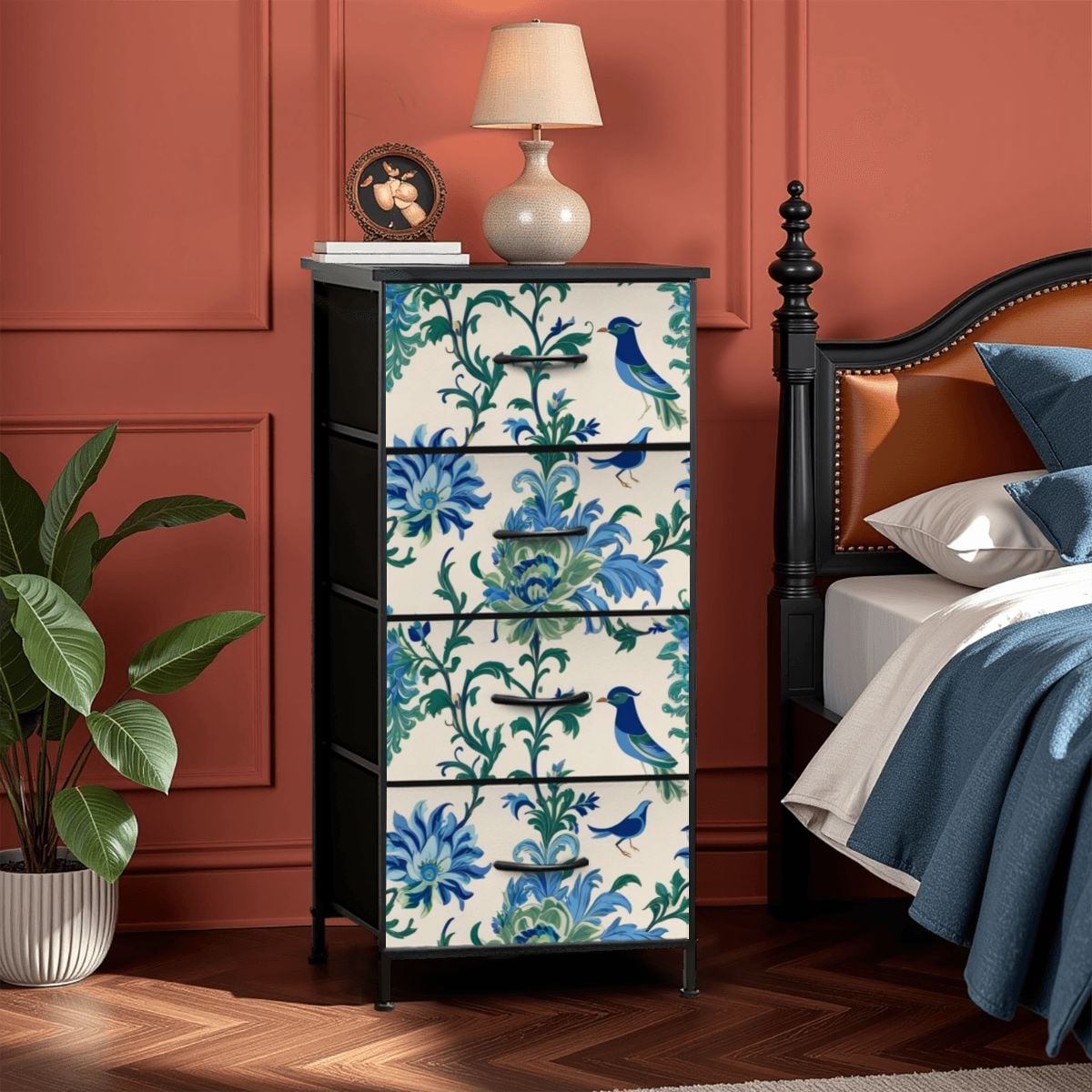 Chinoiserie Botanical Garden Birds, Blue, Green Asian Inspired Modern 4-Drawer Dresser - Mid Century Modern Gal
