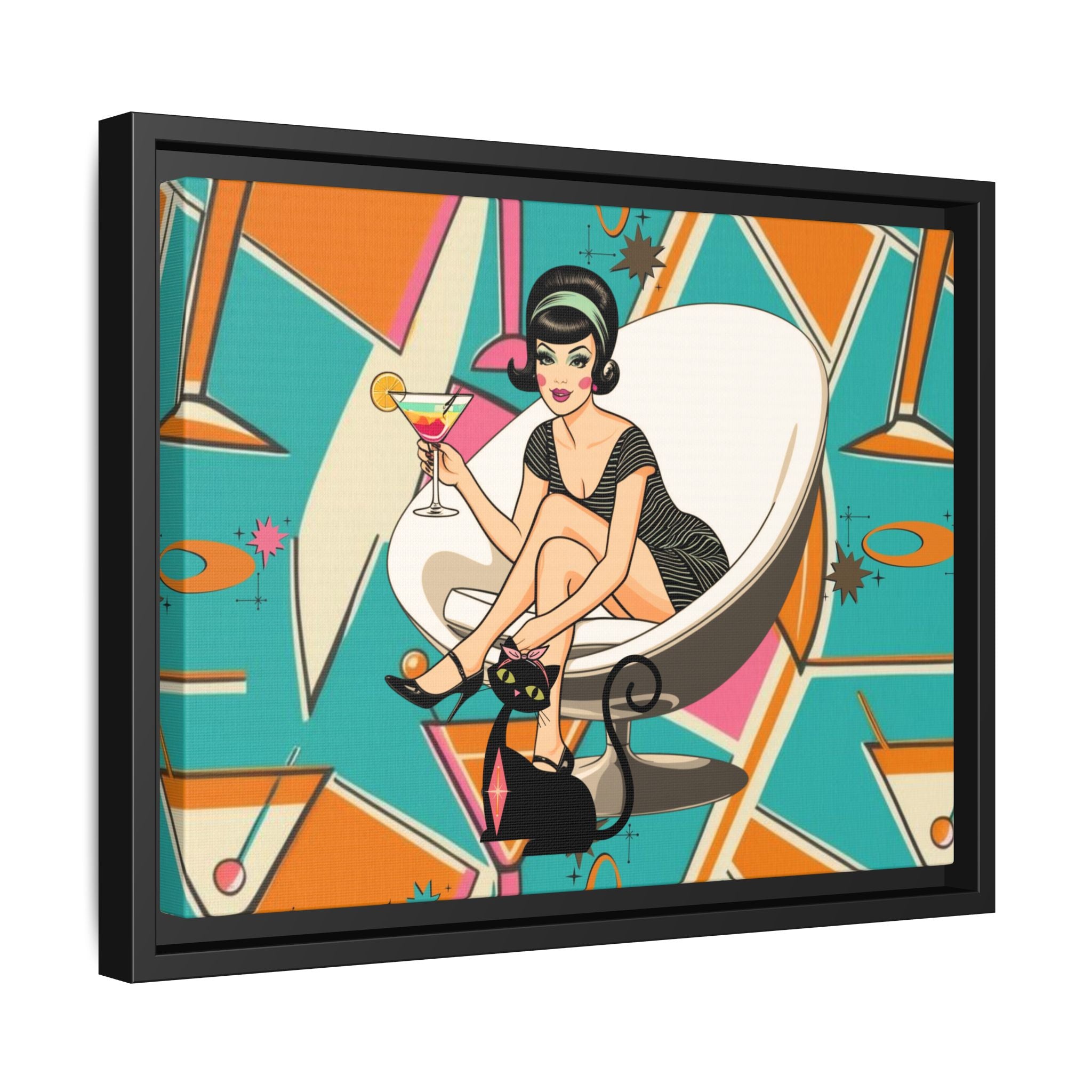Mid Mod 60s Gal, Atomic Cat Barware Wall Art - Framed Matte Canvas with Vintage Cocktail And Retro Cat Design - Mid Century Modern Gal