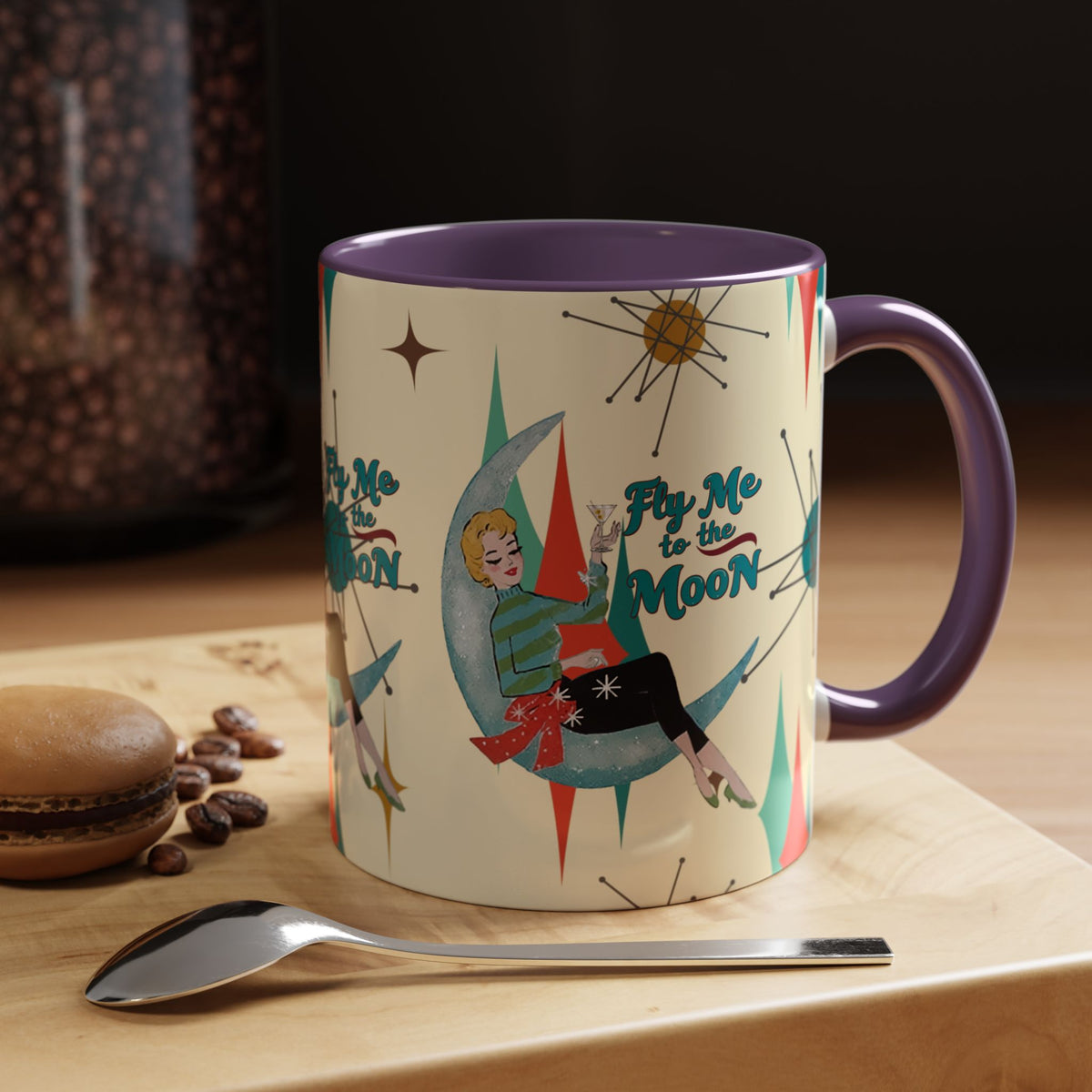 Mid Century Modern retro Christmas mug featuring 'Fly Me to the Moon' design with vintage-inspired graphics and colors.