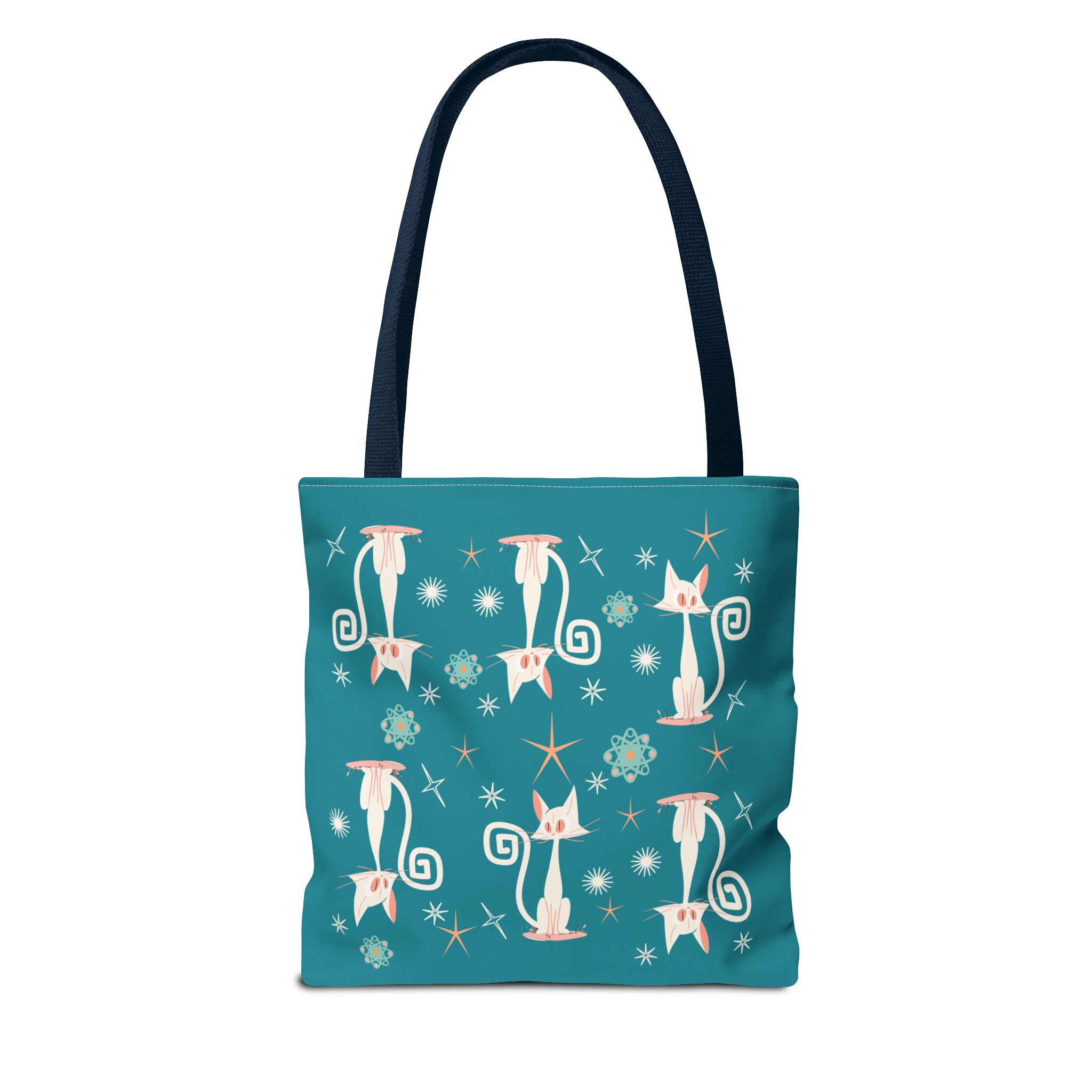 Atomic Kitties, White Kitschy Cats, Coral, Teal, Atomic Age Mid Century Modern Tote Bag