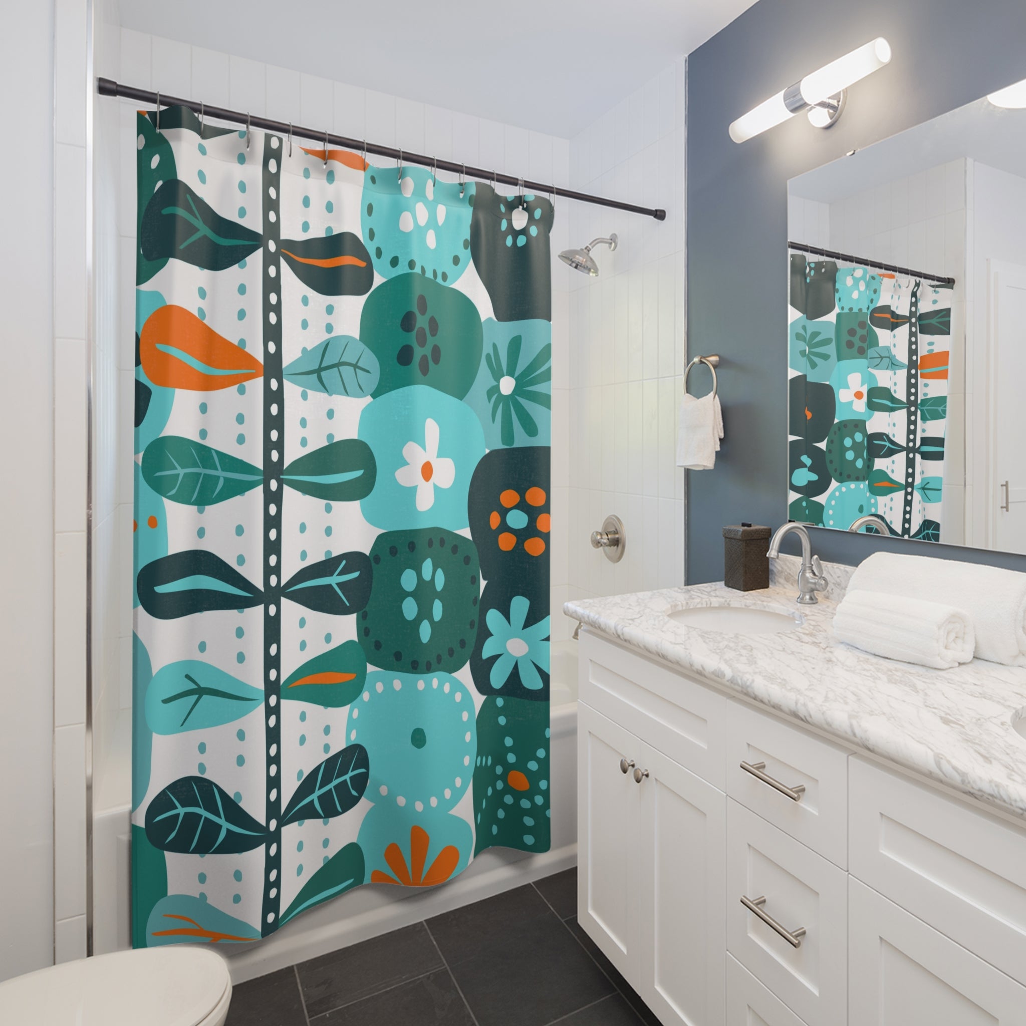 Mid Mod Scandinavian Floral Teal, Aqua Orange Mid Mod Shower Curtain - Mid Century Modern Gal