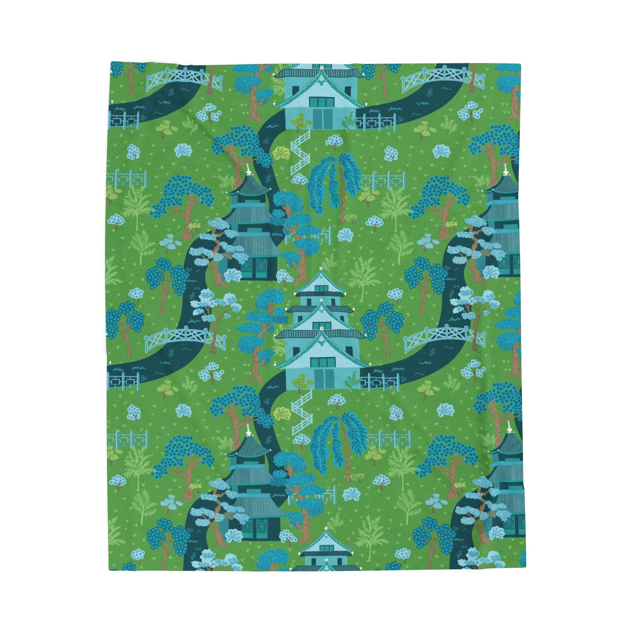 Chinoiserie Throw Blanket, Green, Blue Serene Garden Velveteen Plush Blanket - Cozy Floral Design - Mid Century Modern Gal