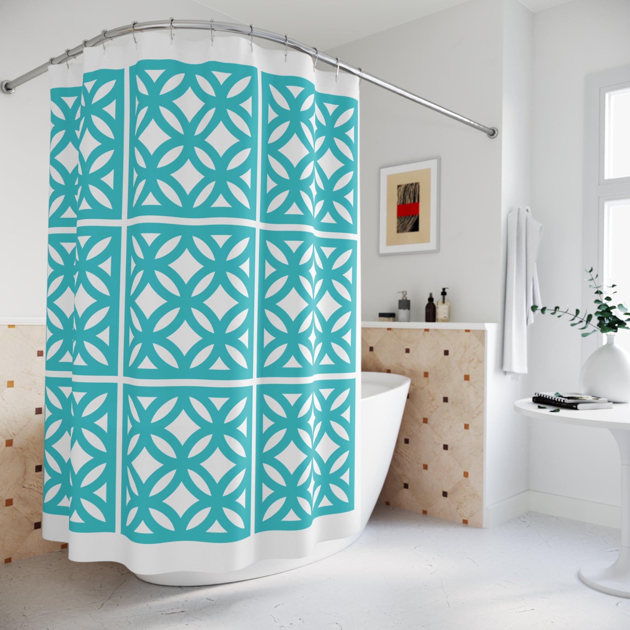 Mid Century Modern 50s Breezeblock Modern Geometric Shower Curtains, Aqua Blue Bath Decor - Mid Century Modern Gal